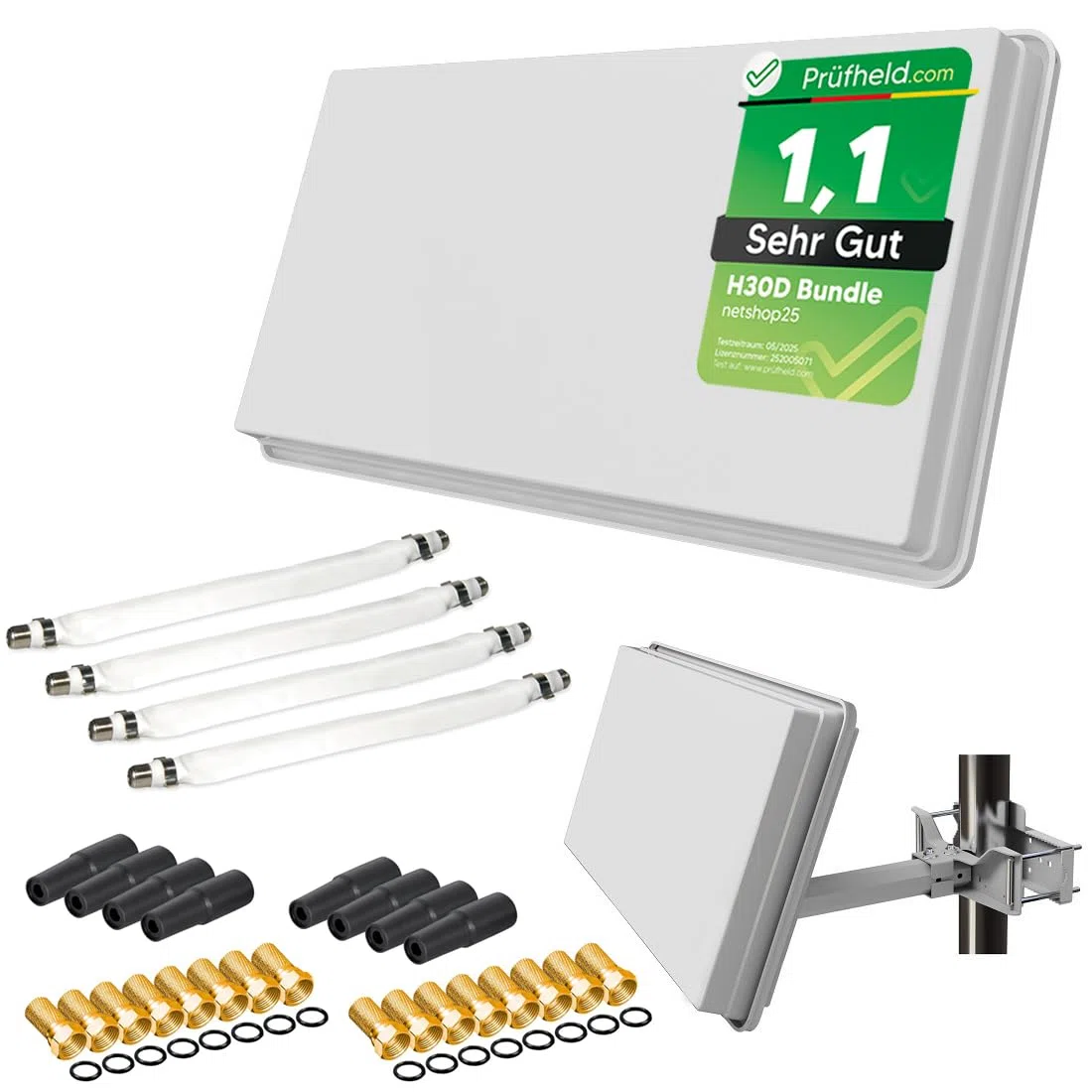Sat Flachantenne Quad LNB HD Sat Anlage H30D4+ für 4 Teilnehmer kompakte Sat-Antenne mit Fensterhalterung Zubehör Set