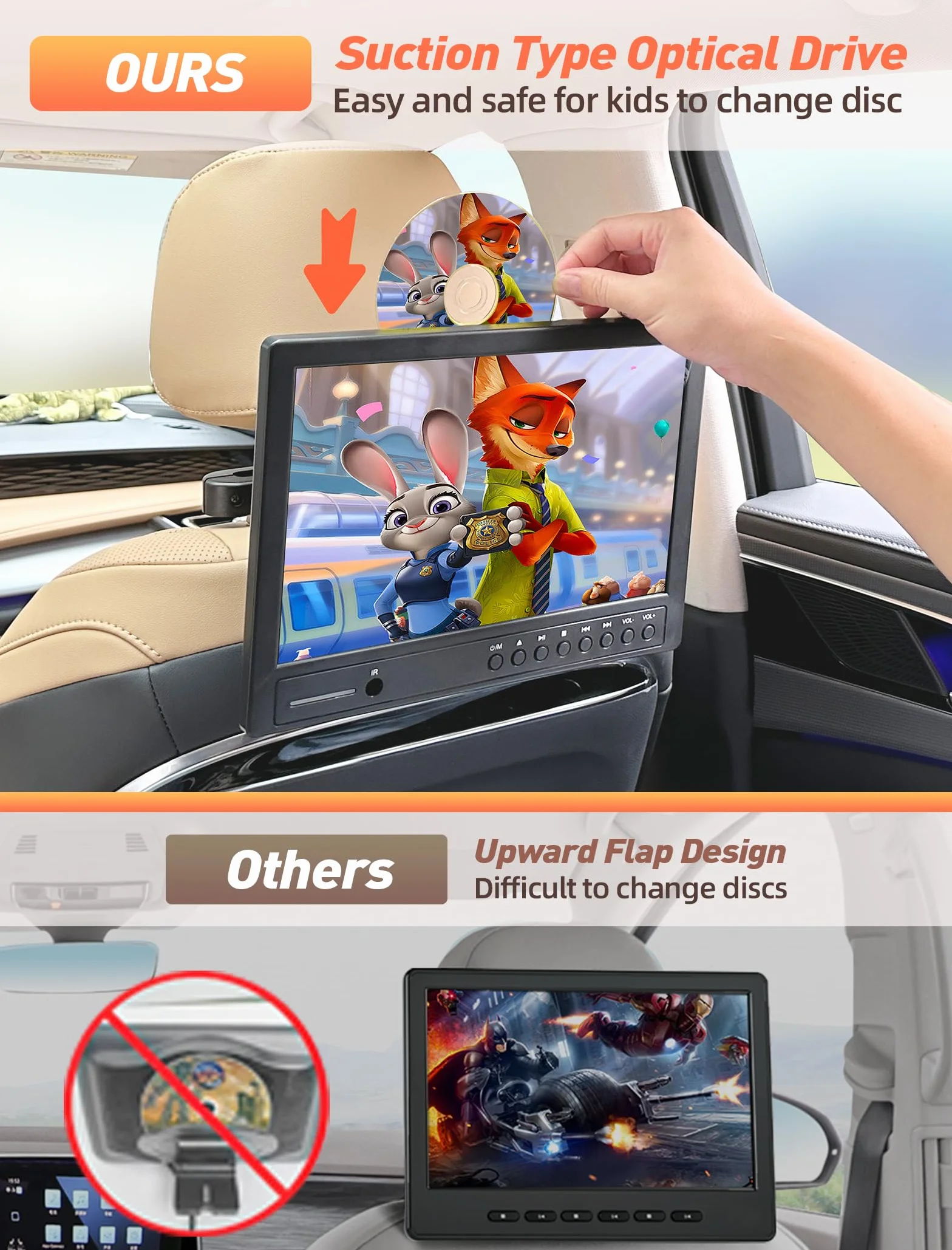 Arafuna 12,5 Zoll DVD Player Auto mit Kopfhörer, Tragbarer DVD Player Videogeräte für Kopfstützen mit Kopfstützenhalterung, Auto Fernseher Saugnapf-Disc-Eingang, unterstützt 1080P-Video