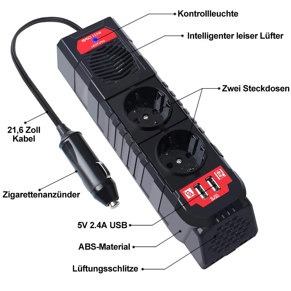 BYGD 150W Auto Spannungswandler Wechselrichter DC 12V auf 230V AC-Wandler mit 2 Ladesteckdosen und Zwei 2,4A USB-Anschlüssen Zigarettenanzünder-Steckdosenadapter für Geschaeftsfahrten und Urlaub