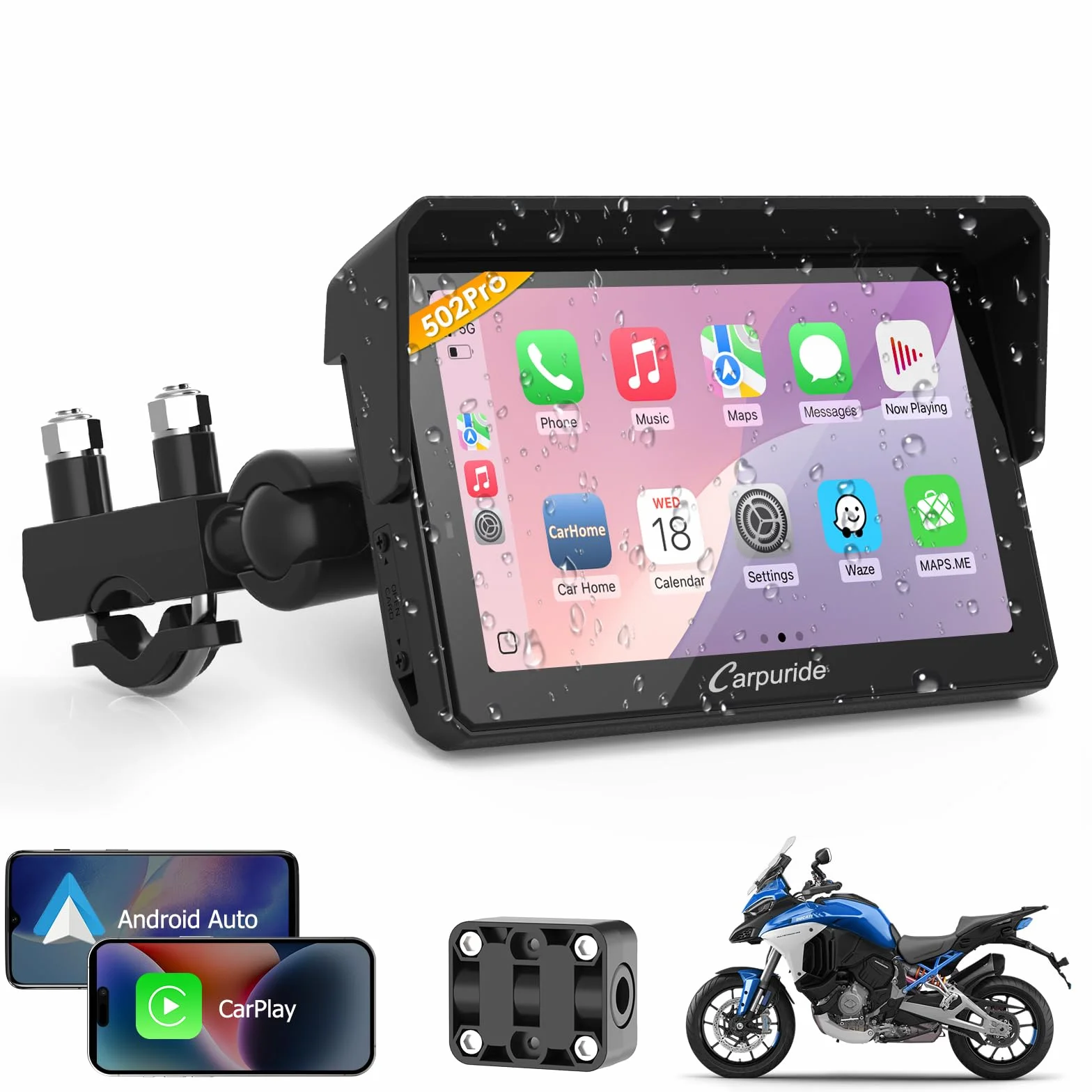 Carpuride W502PRO 5 Zoll wasserdichter GPS-Navigation Motorrad CarPlay Android Auto Dual Bluetooth