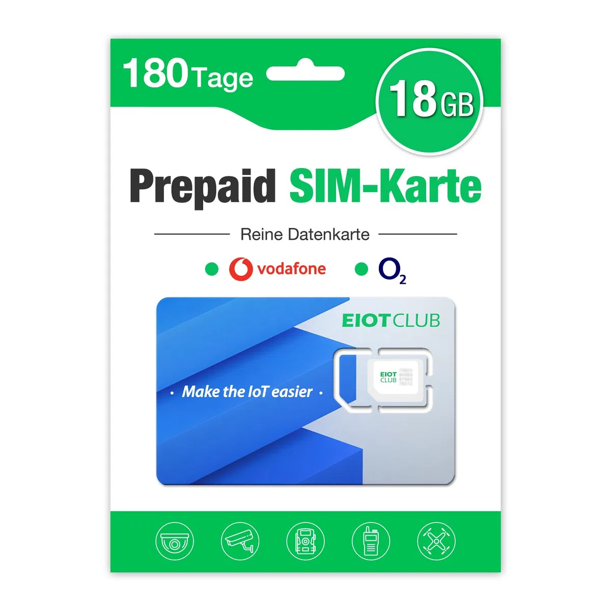 EIOTCLUB Prepaid SIM Karte 18GB 180 Tage, Kompatibel mit Vodafone & O2 Netz, Nur Daten