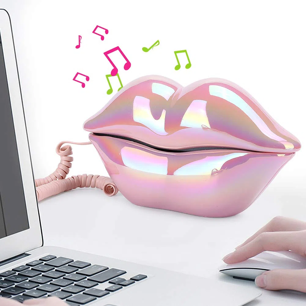 VBESTLIFE Schnurgebundenes Telefon, mundförmiges Lippen-Telefon Desktop-Festnetztelefon mit klarem Ton und Nummernspeicherfunktion für Zuhause, Büro (Purpur Rosa)