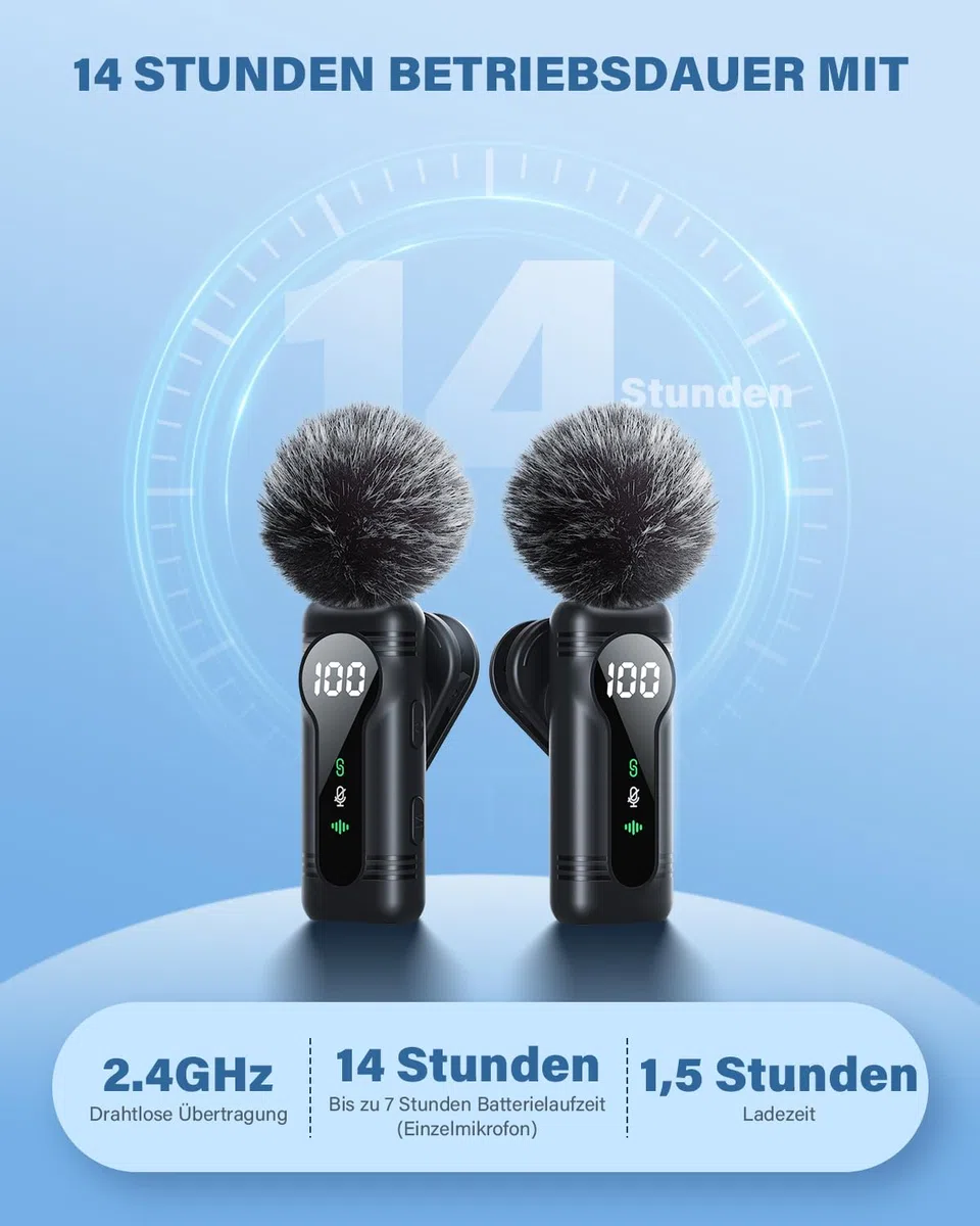 Kabelloses Lavalier-Mikrofon für iPhone, iPad, Android-Geräte - Mini Clip-On Mikrofon mit Geräuschunterdrückung, Auto-Pairing, Stummschaltung und Reverb, ideal für Vlogging, Videoaufnahmen, TK