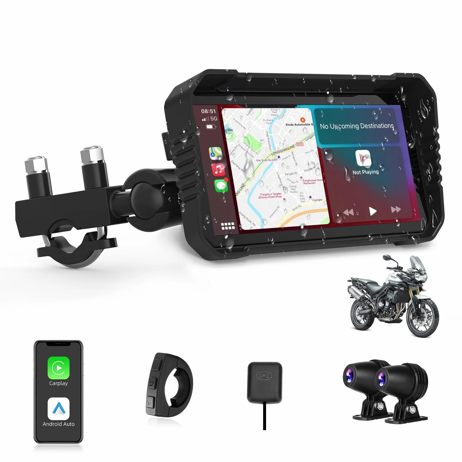 Jansite 4K Dashcam Motorrad Carplay Android Auto Bildschirm, 6,25 Zoll Motorrad Navigationsgeräte mit IP67 Wasserdichter Touchscreen, Dual-Bluetooth, Motorradnavigation, Sprachsteuerung