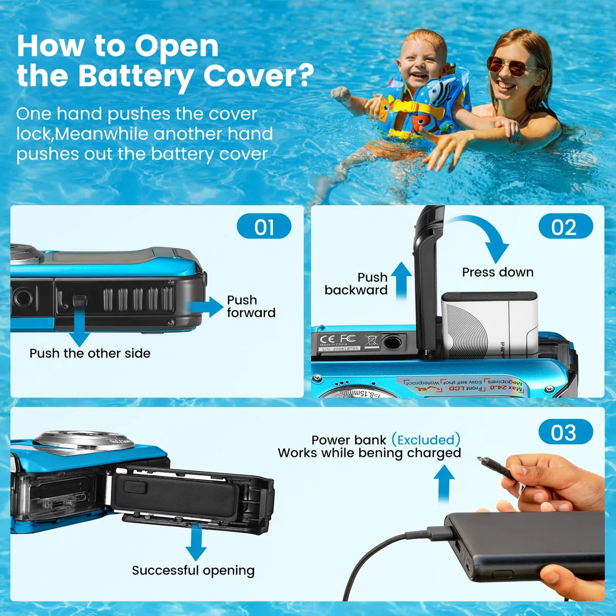 Unterwasserkamera, Full HD 2.7K 48MP Autofocus Digitalkamera 10FT Dual Screen wasserdichte Kamera Selfie Anti Shake 16X Digital Zoom Schnorcheln Digitalkamera für Schnorcheln Schwimmen, Blau