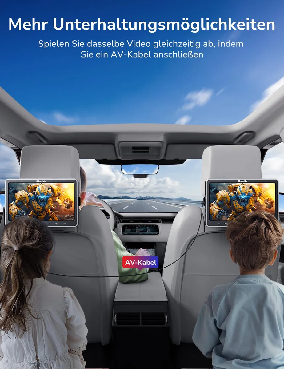 GOnavidio 10,5" DVD Player Auto 2 Bildschirme, Tragbarer Auto DVD-Player mit HDMI-Eingang, Slot-Loading-Disc, 2 Kopfhörer und Kopfstützenhalterung, Unterstützt Letzter Speicher, USB/TF-Karte