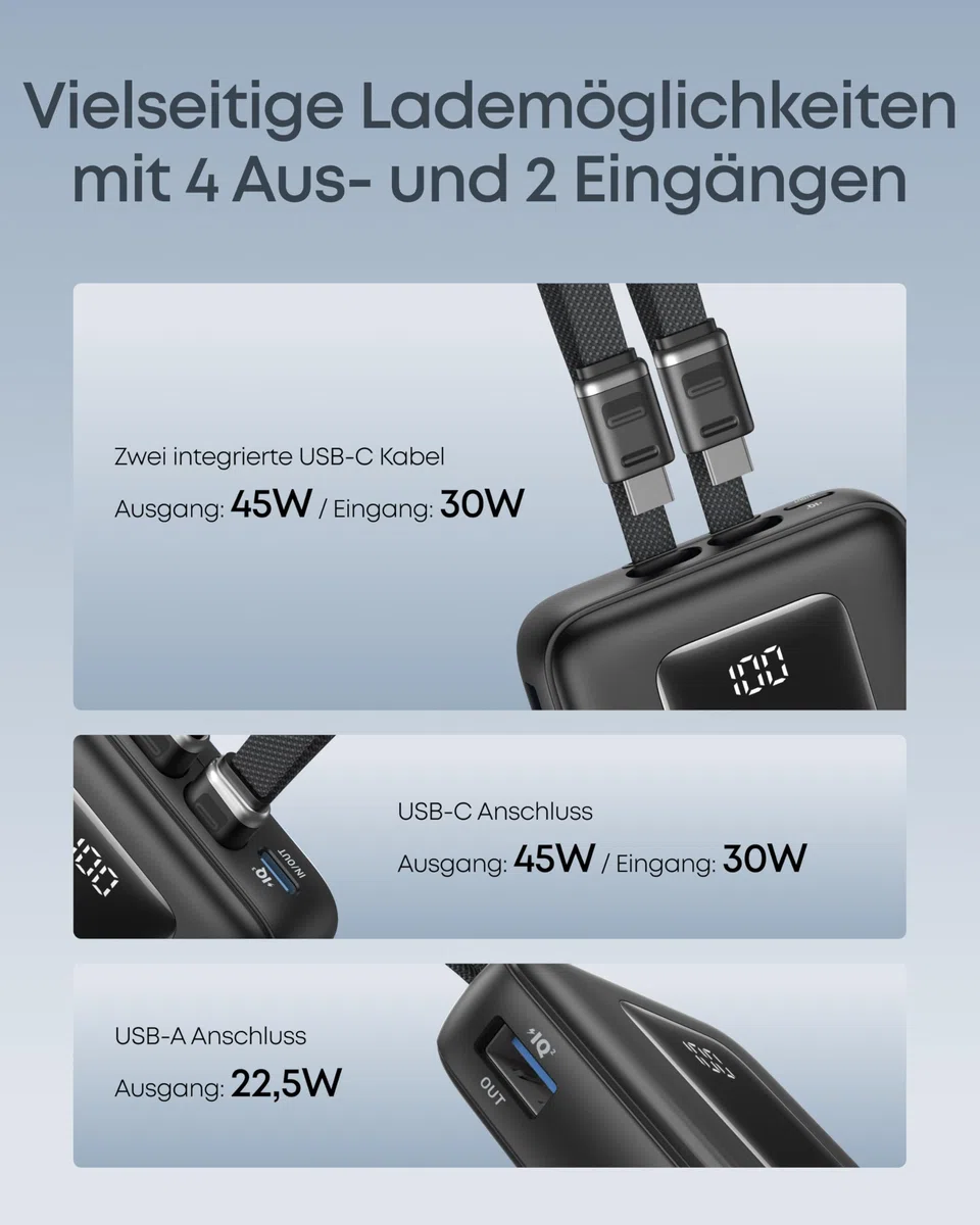 Anker Zolo Powerbank (2025 Upgrade), 45W Schnellladung, 20000 mAh Akku-Pack, Zwei integrierte USB-C Kabel, 1 USB-C und 1 USB-A Port, für iPhone 17/16-Serie, Galaxy, MacBook und mehr