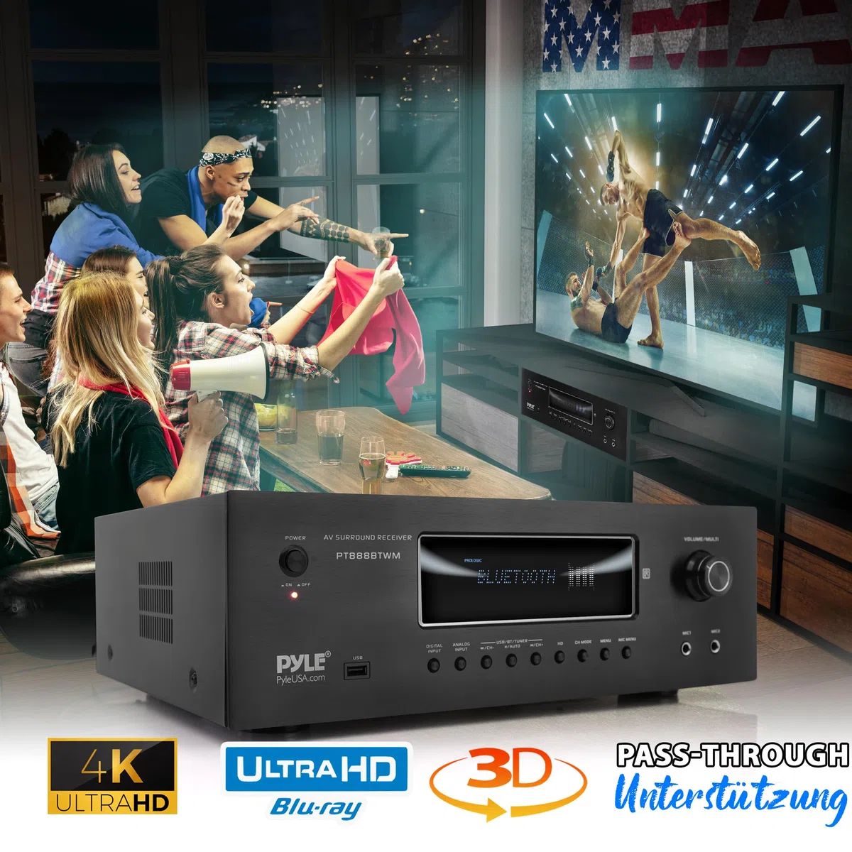 Pyle AV-Receiver 5.2 Kanal HiFi Verstärker mit Bluetooth HDMI ARC 4K Pass-Through 1000W 2 UHF-Funkmikrofone Heimkino