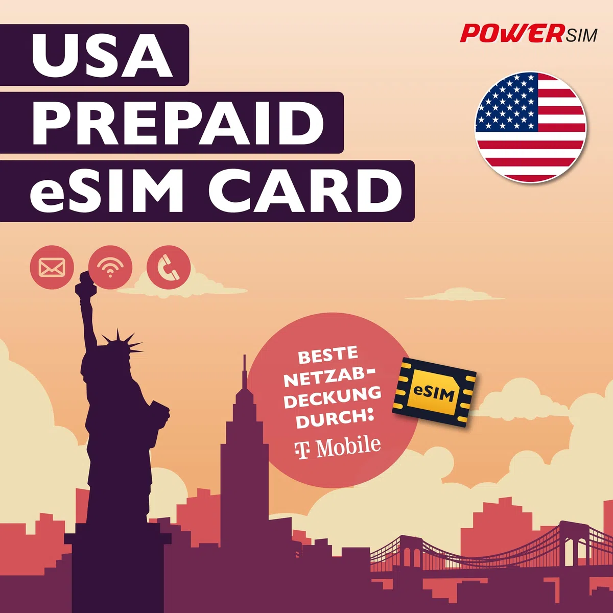 Prepaid-Karte für die USA, T-Mobile Netzabdeckung, eSIM 21 Tage