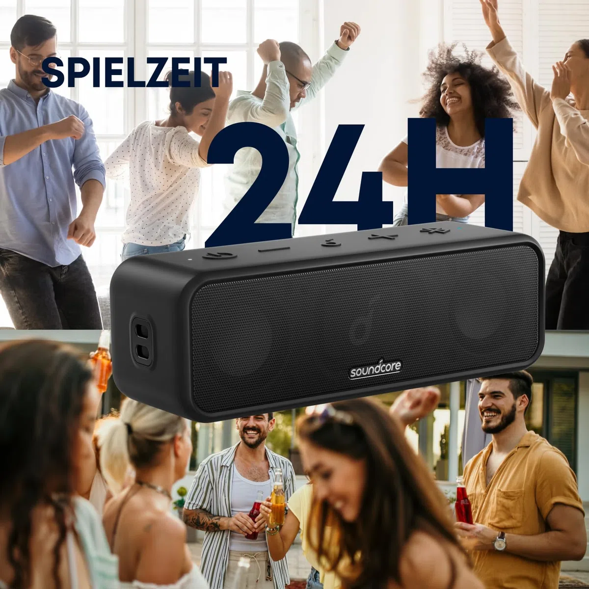 soundcore 3 Bluetooth Lautsprecher, Stereo-Sound, Audiotreiber mit Titan-Membran, PartyCast, BassUp, 24 Stunden Akku, IPX7 Wasserschutz, individueller EQ, für Zuhause, Draußen, Garten (in Schwarz)