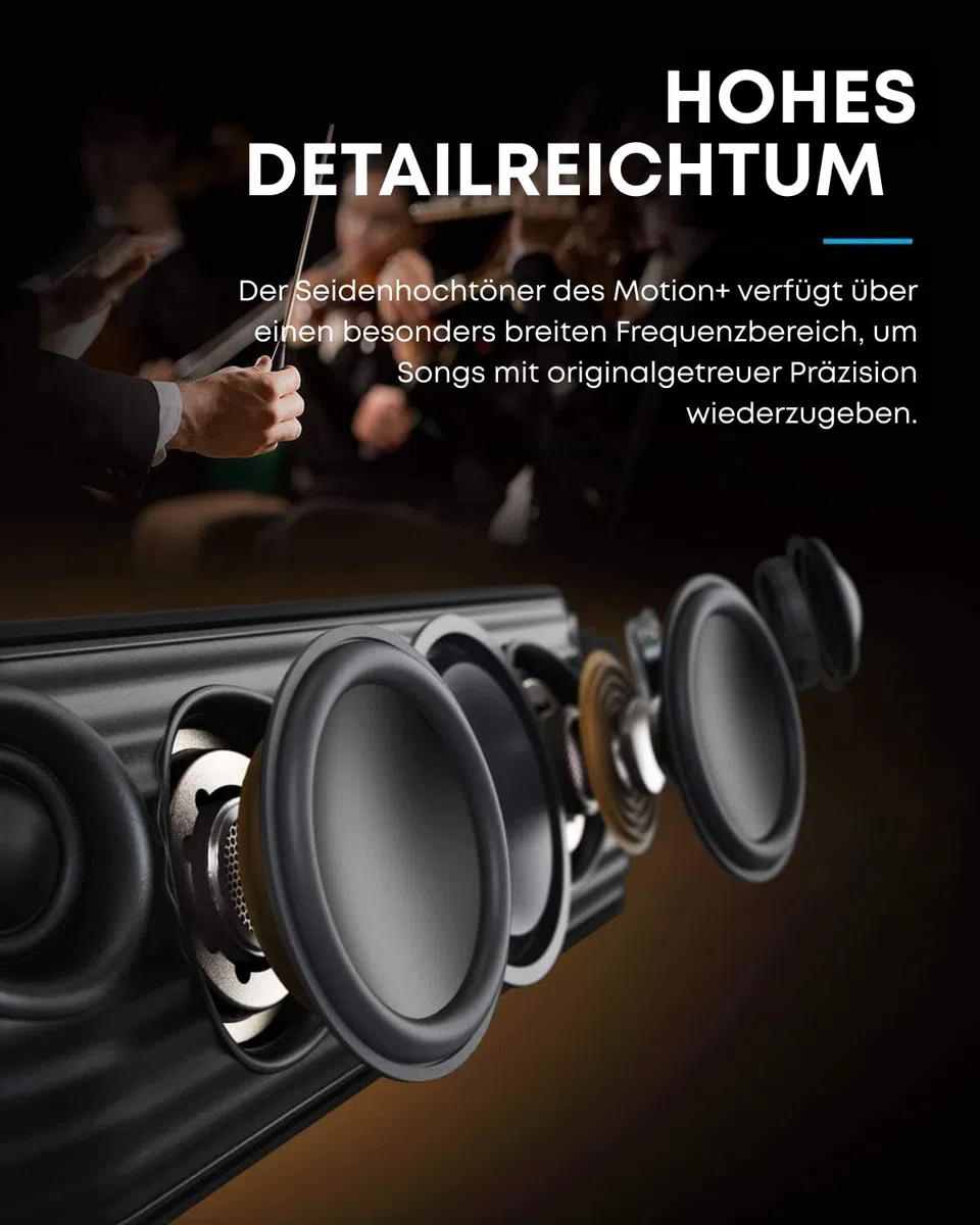soundcore Motion+ Bluetooth HiFi Lautsprecher mit Hi-Res 30W Audio, Intensiver Bass, Kabelloser, mit App, USB C Konnektivität, Flexibler EQ, 12h Akkulaufzeit, IPX7 Wasserschutz (Schwarz)
