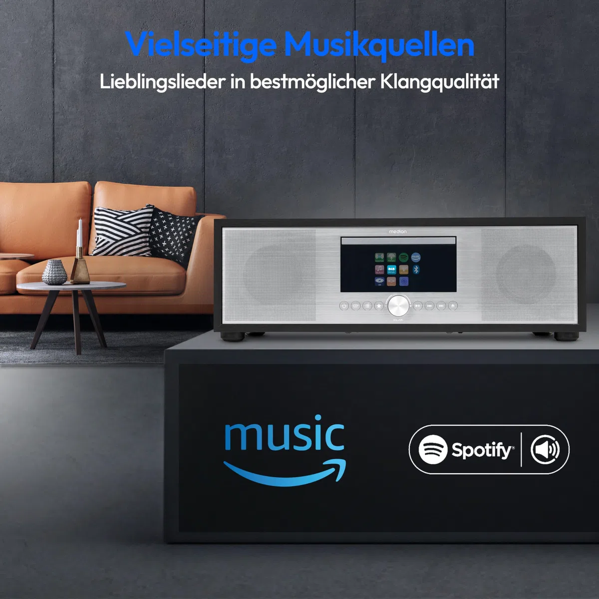 MEDION P66400 Stereoanlage (Internetradio, DAB+, CD/MP3-Player, Spotify Connect, Amazon Music, PLL UKW Radio, USB, AUX, Kompaktanlage, Subwoofer Weckfunktion, Sleep Einschlafautomatik) Silber