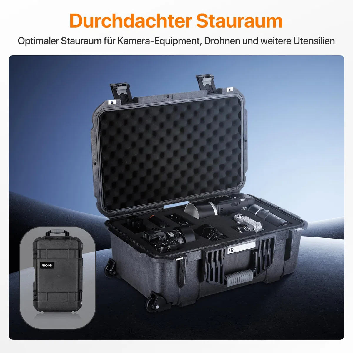Rollei Kamera Koffer Trolley, Extrem Robuster Bruchsicherer & Wasserdichter Groß Fotokoffer mit Rollen, Outdoor Camera Suitcase Automatischer Druckregulation & Diebstahlschutz, Kamera-Koffer-Trolley