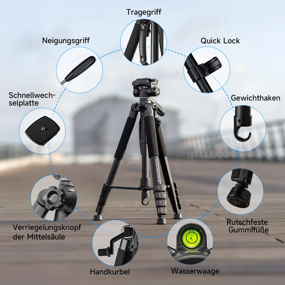 Rollei Compact Traveler Star S4, 188cm Kamera Stativ Leicht Kompakt aus Aluminium Fotostativ mit Kugelkopf für DSLR Dreibeinstativ für Smartphone mit Handyhalterung, Kamerastativ-Camera-Tripod