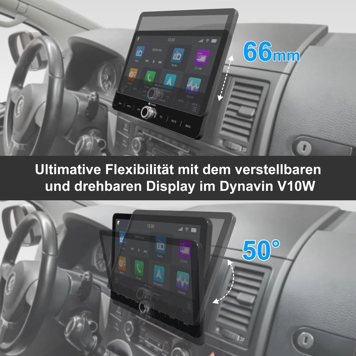 DYNAVIN Android Autoradio Navi für VW T5 T6 Caddy Tiguan Sharan Skoda, 10,1 Zoll Radio mit Wireless Carplay und Android Auto | Head-up Display | Inkl. DAB+: D9-V10W PR F