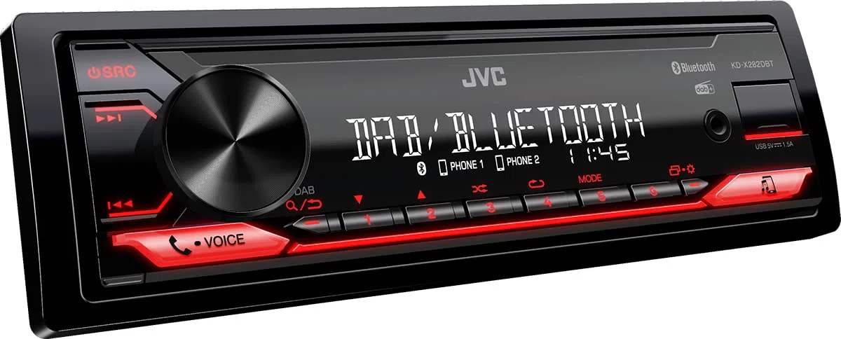 JVC KD-X282DBT USB-Autoradio mit DAB+ & Bluetooth Freisprecheinrichtung (USB, AUX-In, 1 x Pre-Out 2,5V, Soundprozessor, 4x50 W, rote Tastenbeleuchtung)