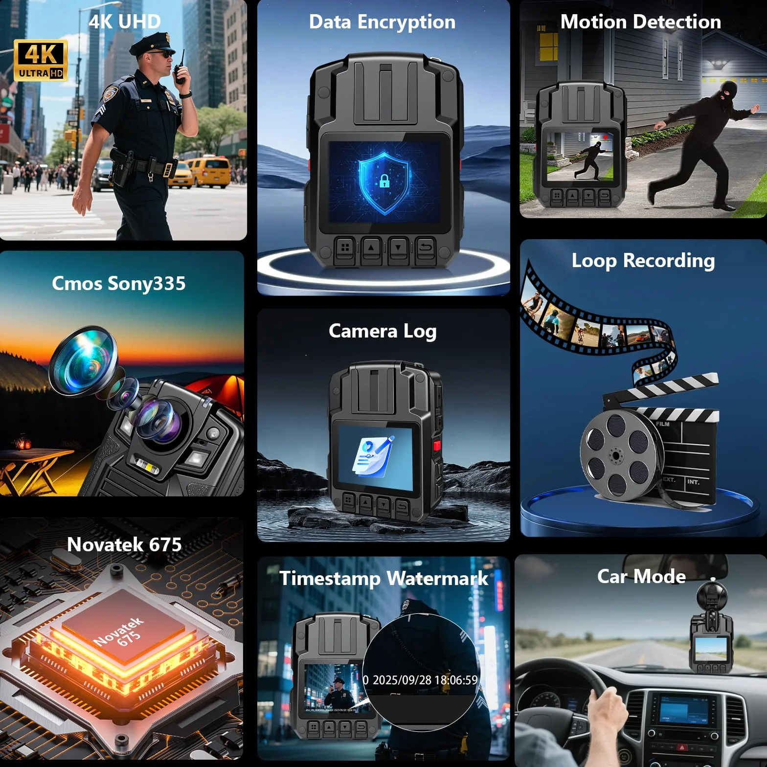 CAMMHD V8 Pro 2160P Body Cam 42MP wasserdicht Loop-Aufnahme 2 * 2200mAh Batterien mit 10 Stunden Bodycam körperkamera Polizei mit tragbarer Audio- und Videoaufzeichnung für die Tagungen/Wandern(256G)