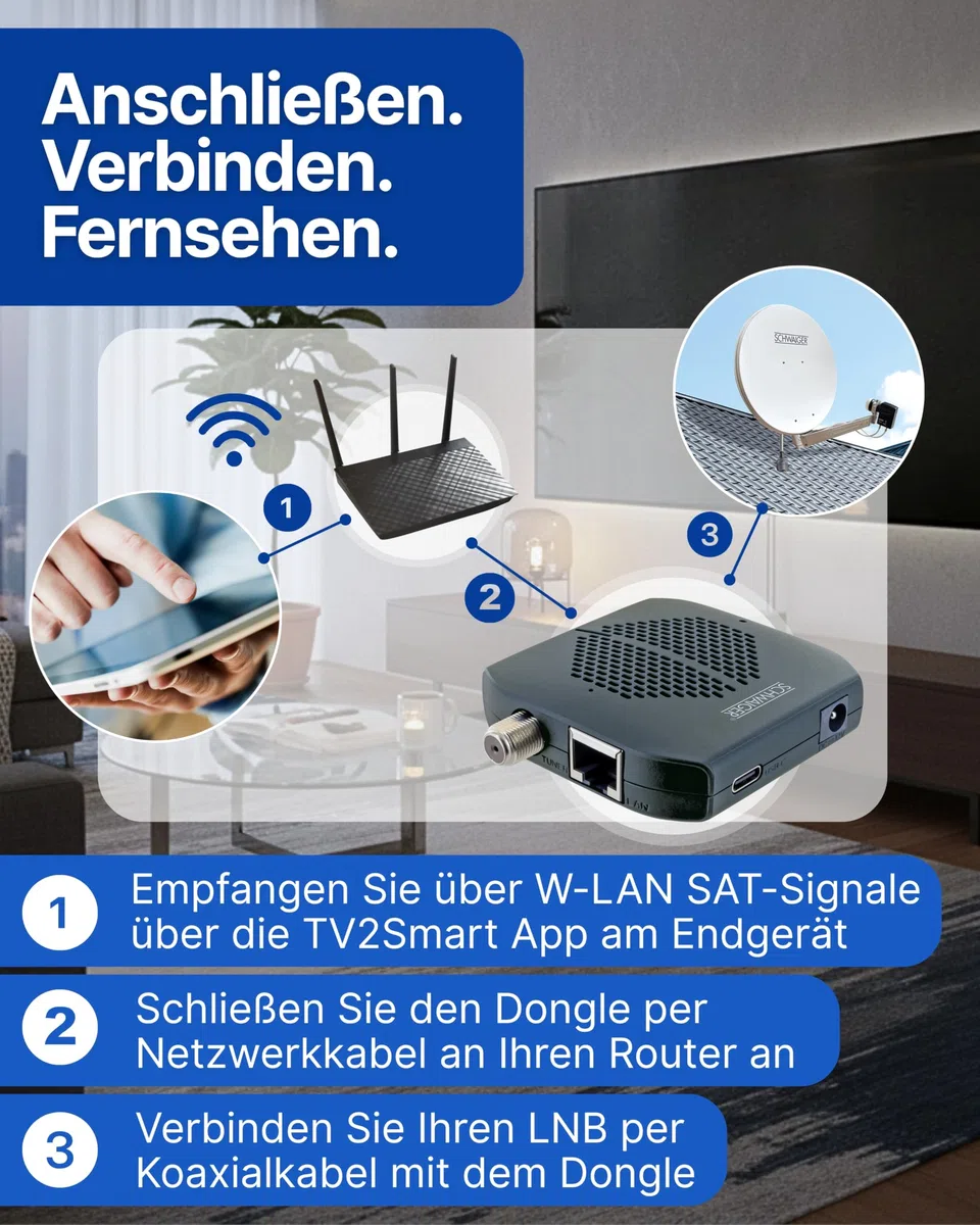 SCHWAIGER SAT Receiver I SAT-Dongle für Digitale Fernsehsignale per WLAN I kabelloses Streaming von Satellitenfernsehen per WiFi über TV2Smart App I drahtloser Satellitenempfänger für Fernseher
