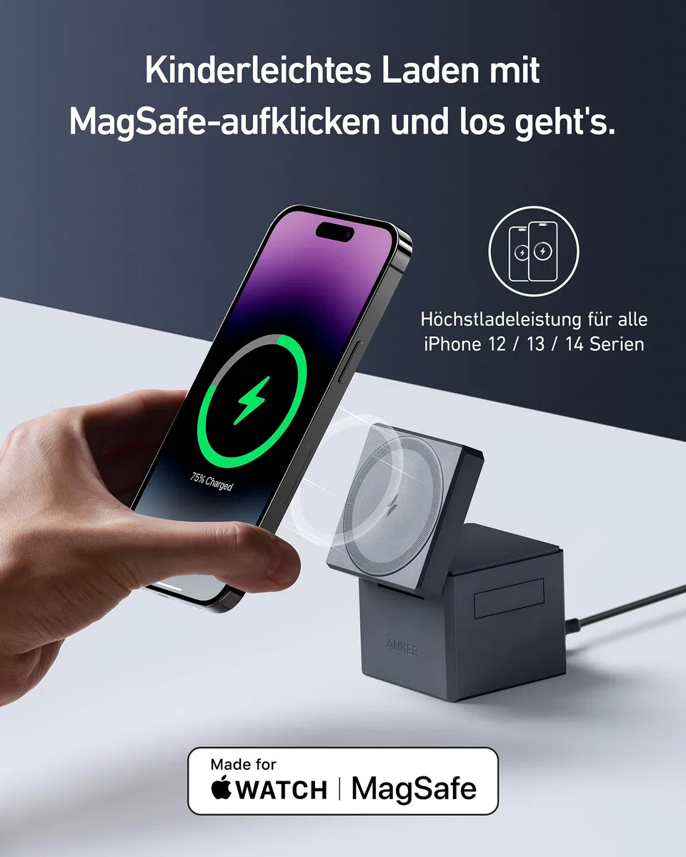 Anker 3-in-1 Cube mit MagSafe, 15W kabellose Höchstladeleistung, Kompatibel mit iPhone 17/16/15/14/13/12 Serien, Apple Watch Serie 1-7 / SE, und AirPods Pro / 3/2 (Inklusive 30W Netzteil)