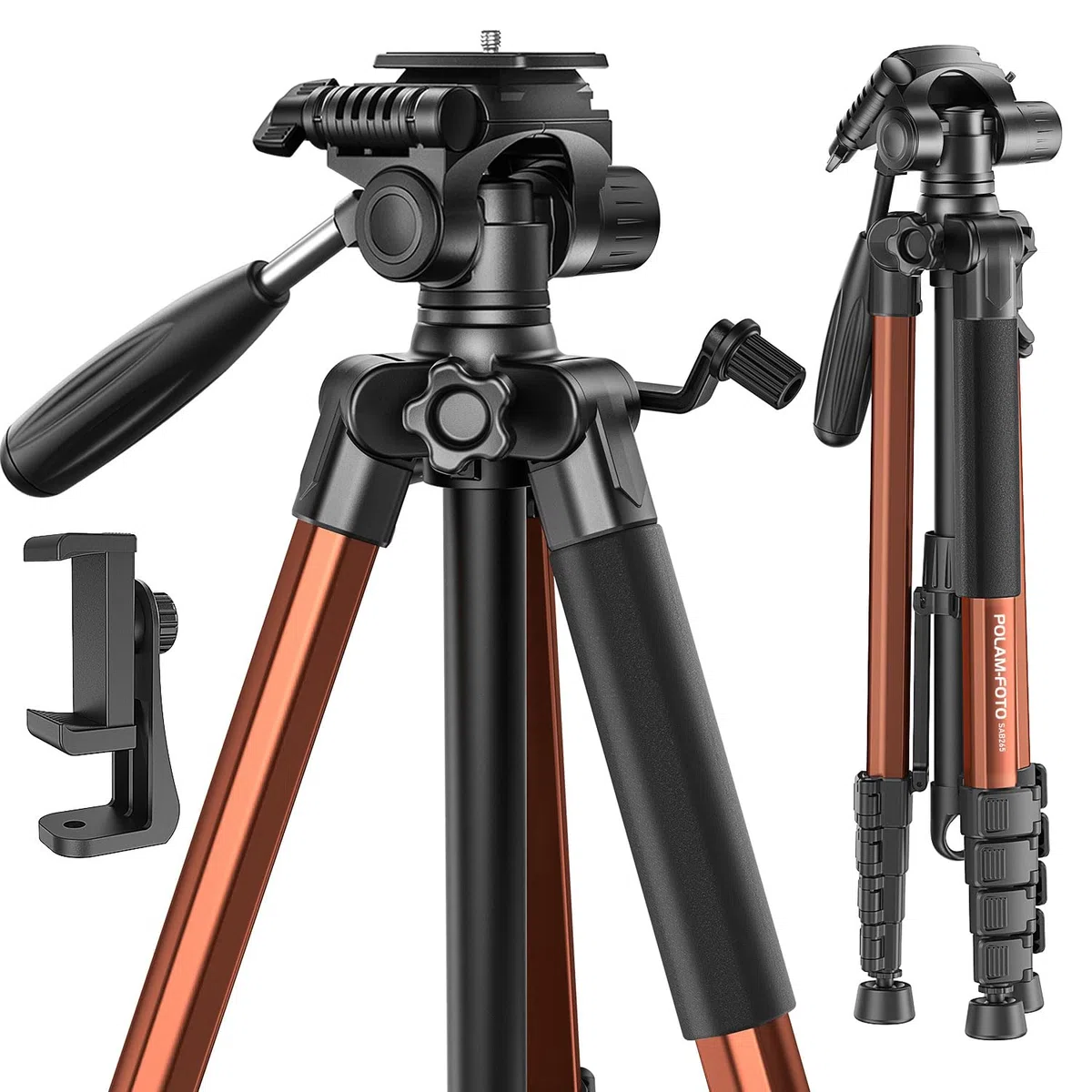 POLAM-FOTO Kamera stativ, 188 cm, Reisestativ mit Tragetasche, mit Handyhalterung, Aluminium, für Mirrorless Camera/DSLR/Handy/Camcorder, robuster Ständer,（Gewicht 1,27 kg, Tragkraft 3,99 kg） Orange