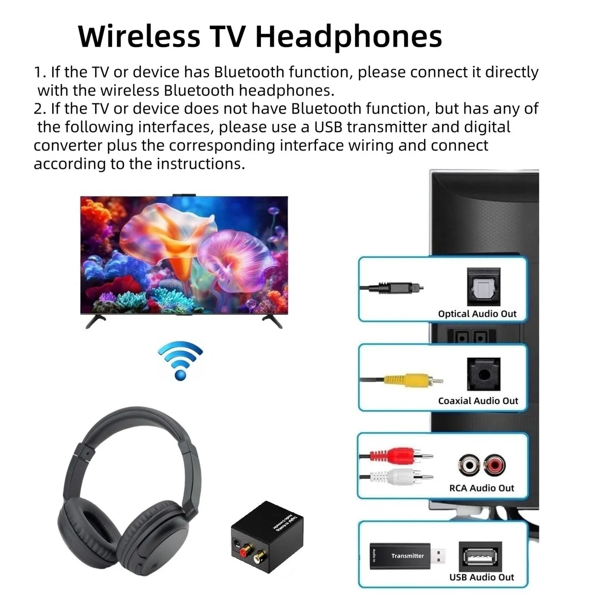 Kabelloses TV-Kopfhörer mit Bluetooth 5.3, 30h Akku, einziehbarer Kopfbügel, USB Transmitter