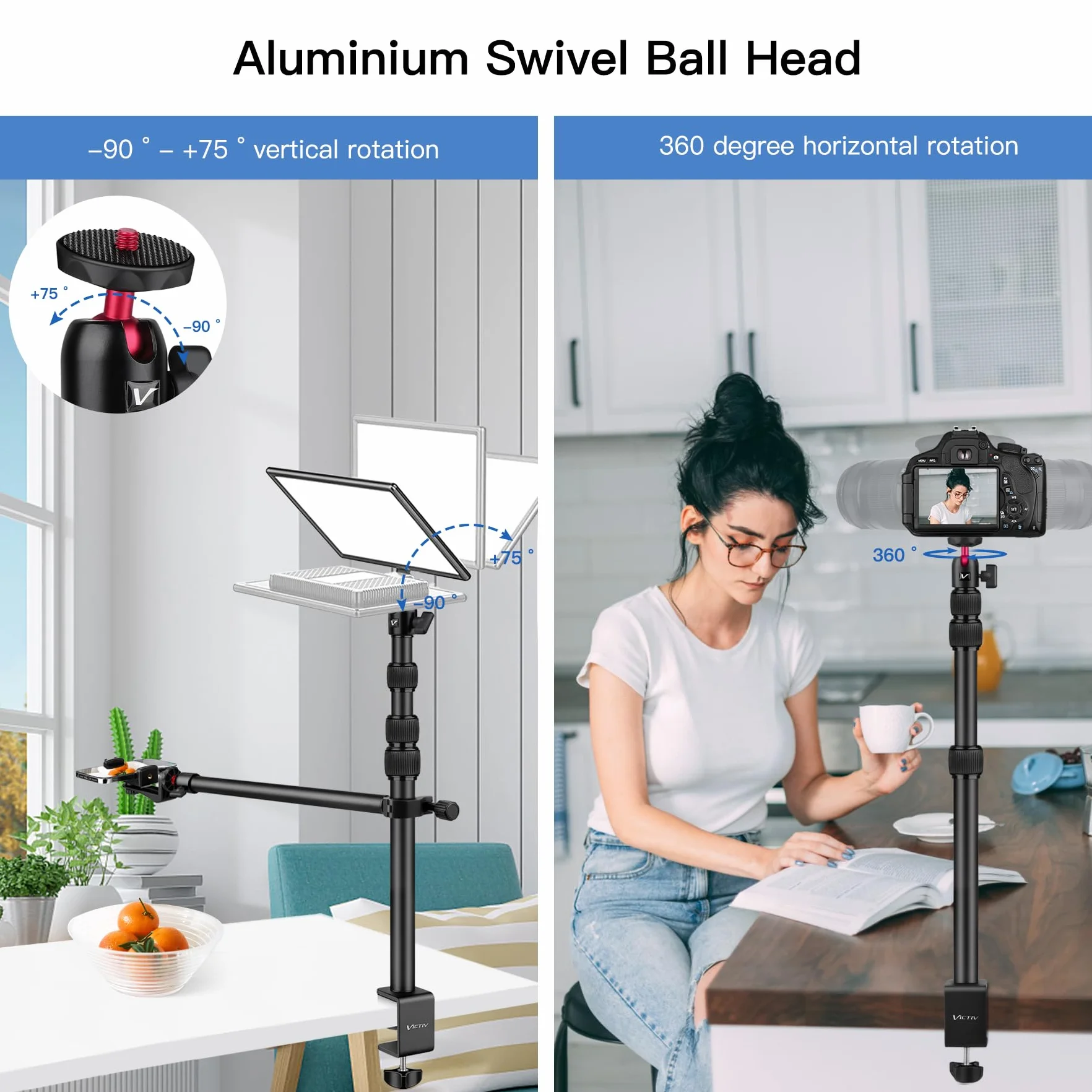 Victiv Kamera Tischhalterung, 37cm-105cm Kamera Tischstativ für DSLR Canon, Lichtstativ Klemmstativ mit Flexibler Arm & 1/4" Kugelkopf für Kameras, LED-Licht, Webcam, Handy Tisch Stativ für Smartphone