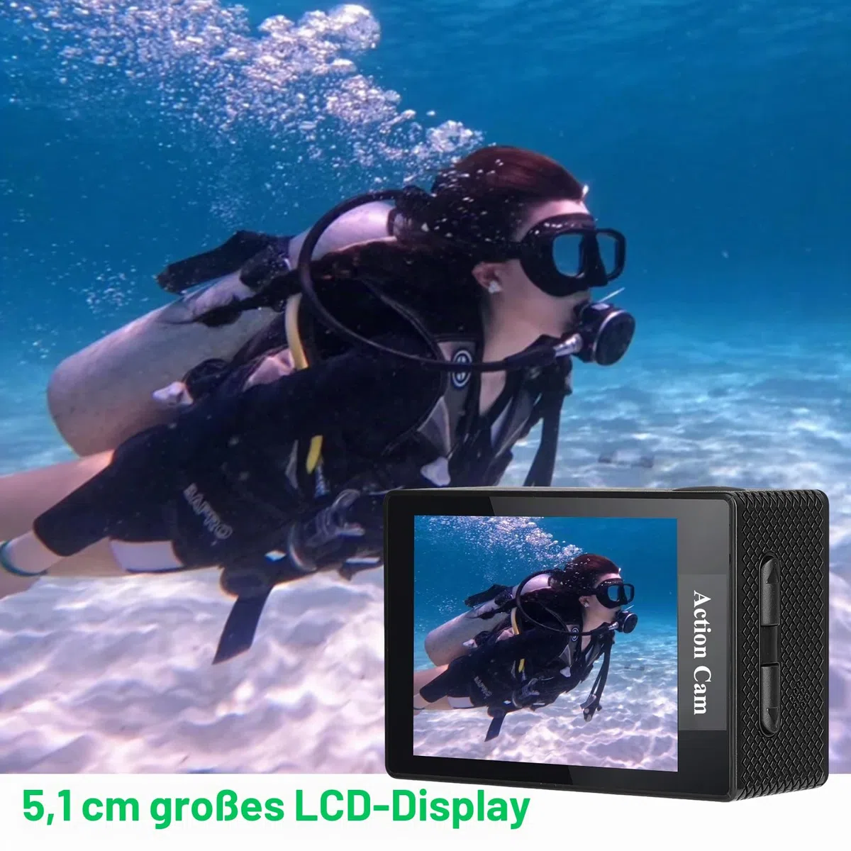 WiFi Action Cam FHD 1080P mit 32GB Speicherkarte, Actionkamera wasserdicht bis 30M, Action Camera mit 2x1050 mAh wiederaufladbare Akkus und Zubehor-Set