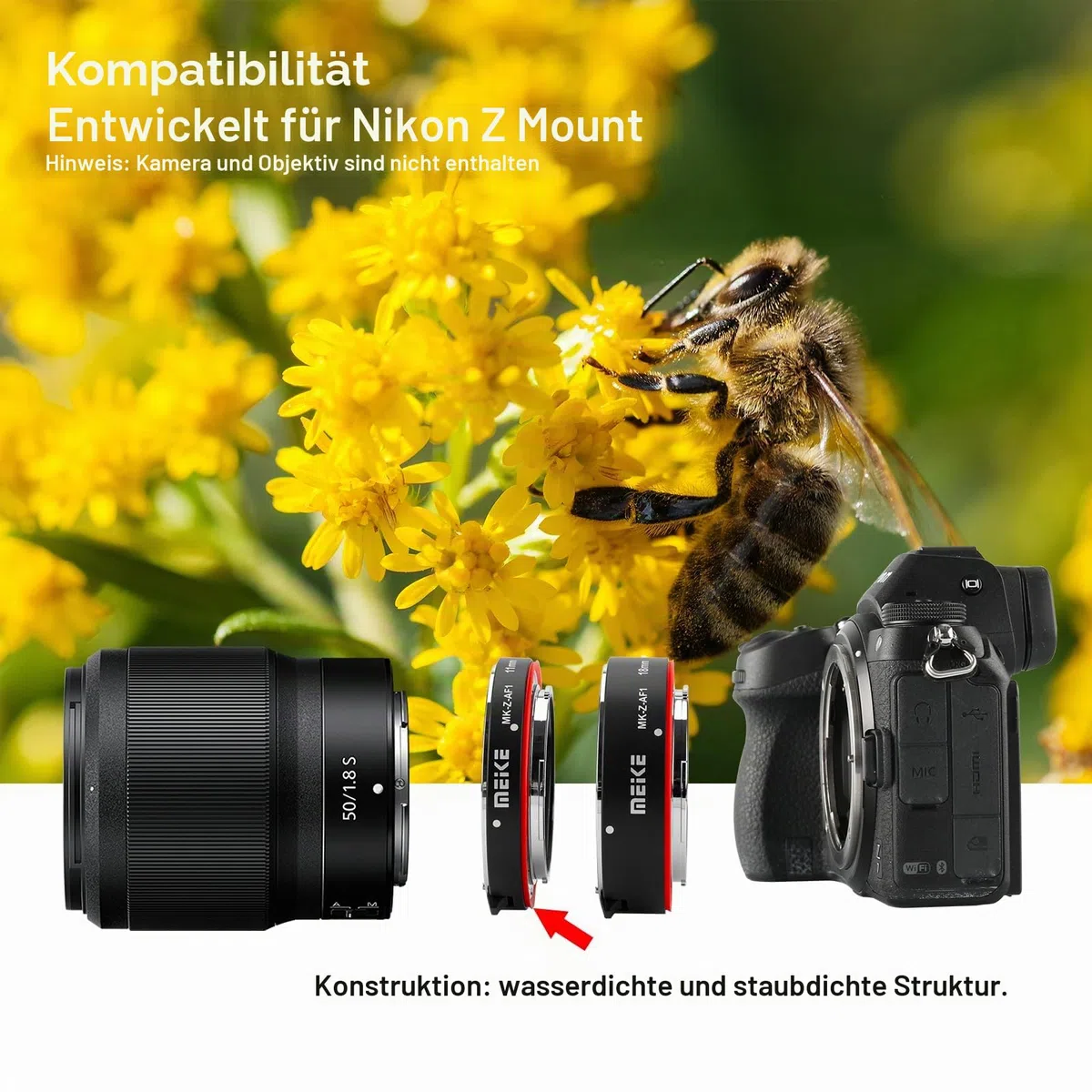Meike MK-Z-AF1 Metal Auto Focus Macro Extension Tube Adapter Ring (11mm+18mm) Compatible with Nikon Z5 Z6 Z7 Z50