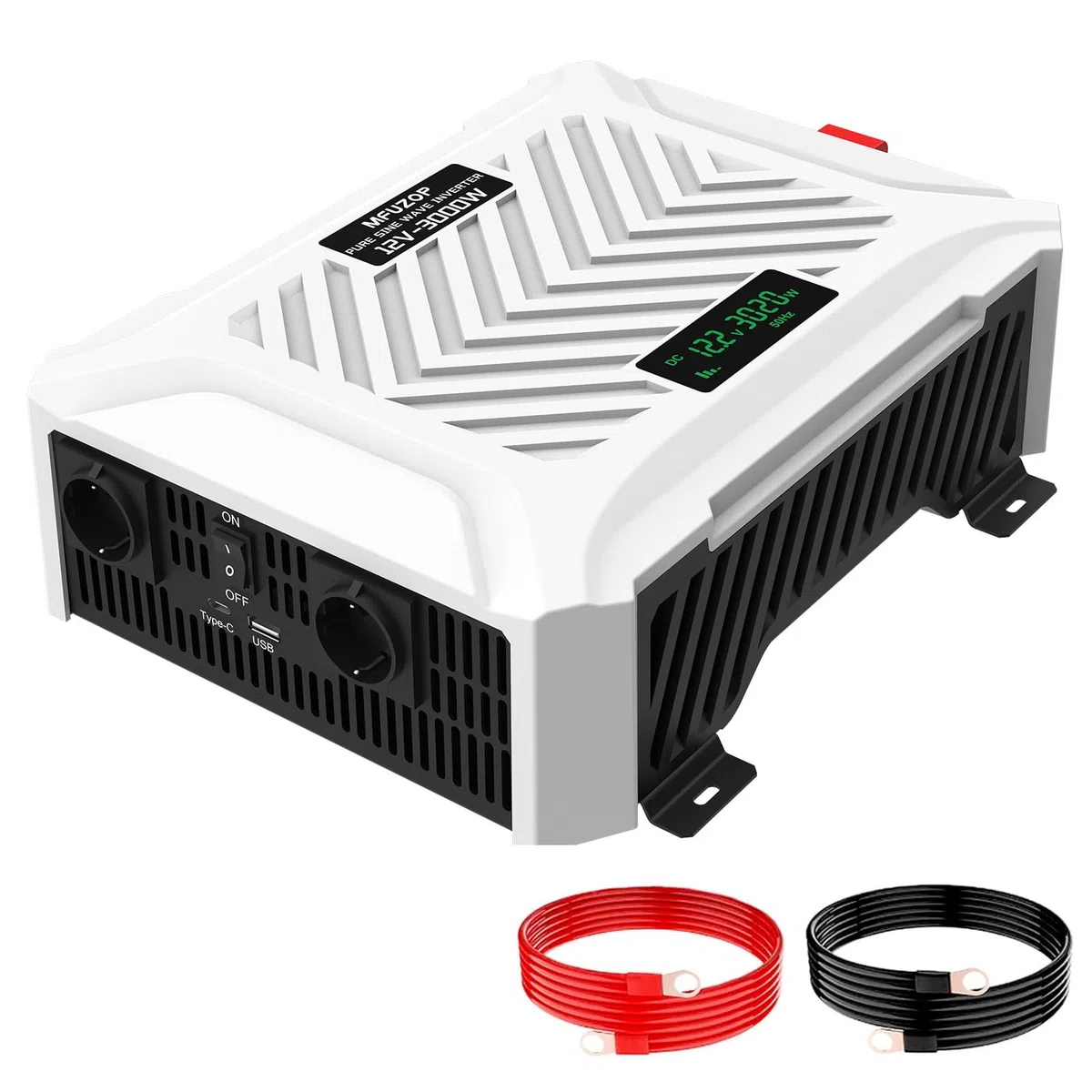3000W Wechselrichter 12V auf 230V Reiner Sinus, Spanungswandler 6000W Spitze, Power Inverter mit 2 EU Steckdosen,1 USB-C & 1 USB-A Anschluss,LCD-Anzeige,Wohnmobil LKW Solaranlage Kfz(12V-3000W)