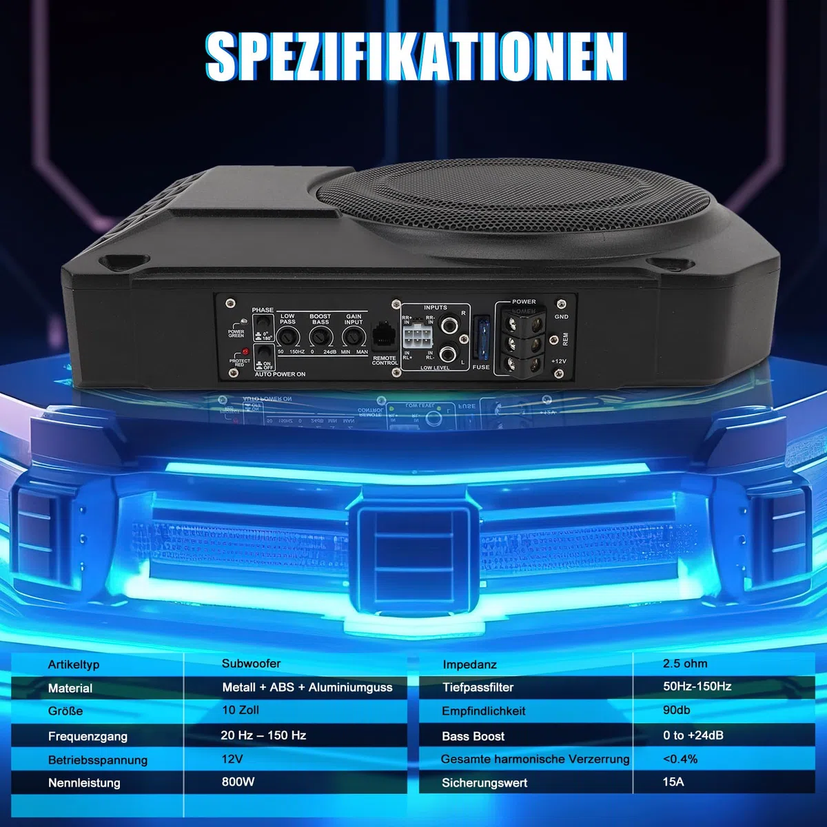 10 Zoll Aktiv Subwoofer Unter Sitz Car Audio Bassbox 800W 2.5 Ohm Ultra Flach Aktiver Auto Subwoofer Mit Verstärker Mit Controller Tiefton Lautsprecher Fahrzeug Sound System Car Truck SUV