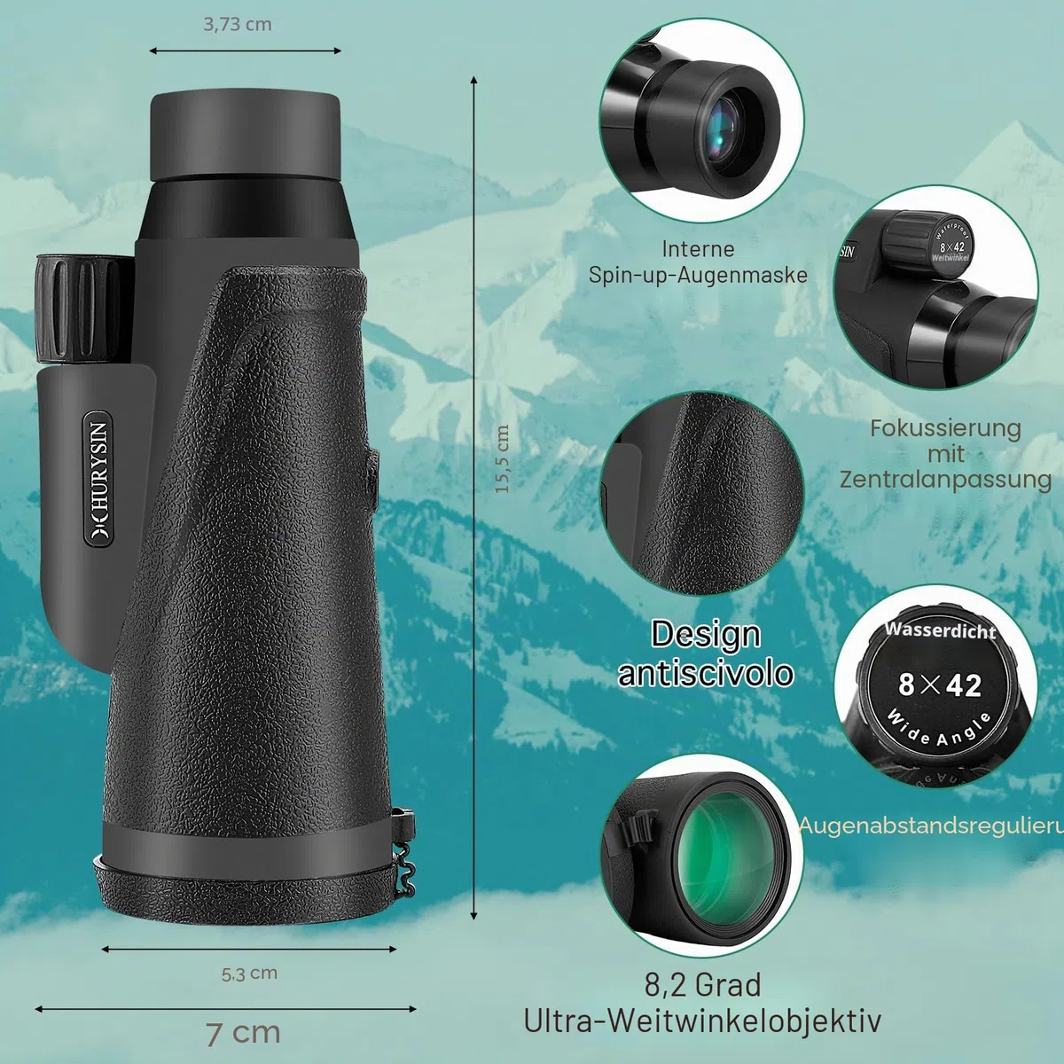 HD 8 x 42 Monokular – mit optischem HD-System, verbesserter Griffigkeit, wasserdicht, beschlagsicher, stoßfest, komplett mit GlassPak