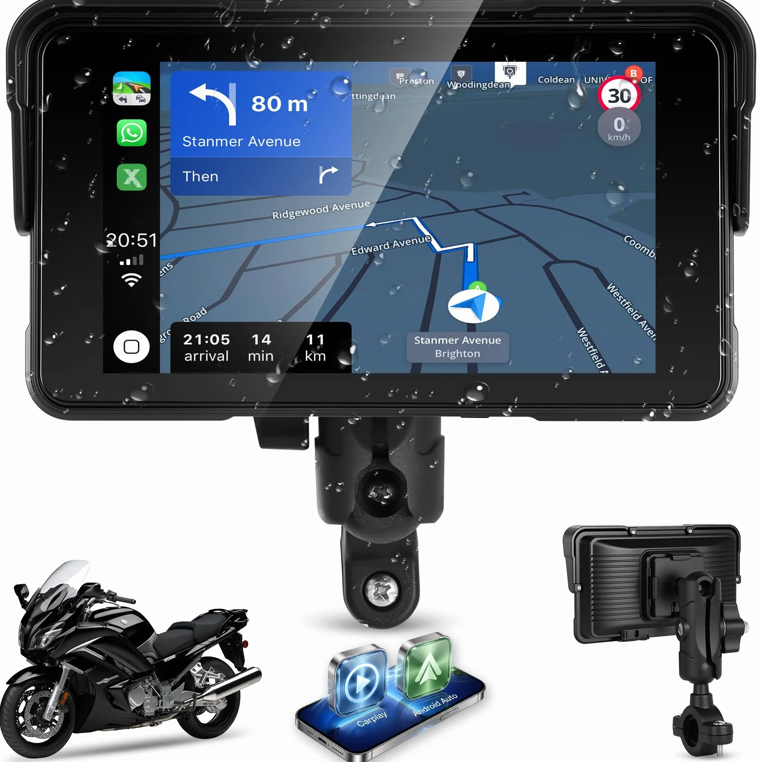 Moto CarPlay Bildschirm für Motorrader, Kabelloses Apple CarPlay & Android Auto, 5" HD Motorrad Display, IP68 Wasserdicht mit Bluetooth, TPMS Unterstützung, TF-Karte, Abnehmbare Diebstahlsicherung