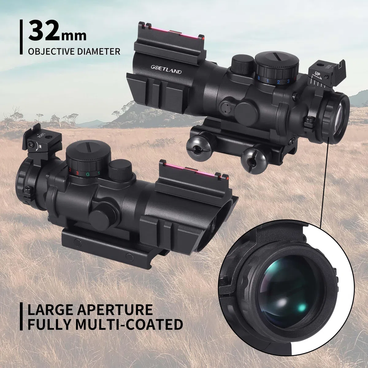 Goetland Gewehr Zielfernrohr 4x32 Airsoft Red Dot Visier Sight mit Montage Ringe BDC SFP für Taktische Jagd Armbrust Luftgewehr Sportschützen