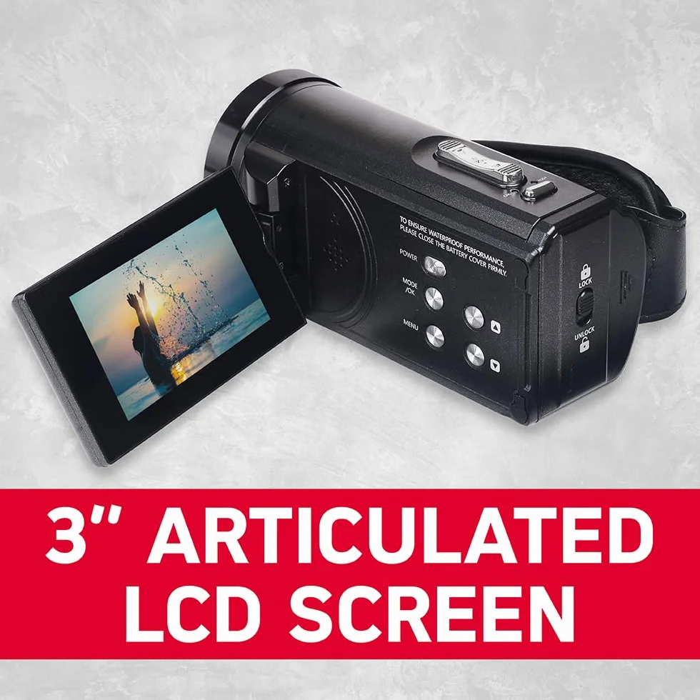Agfa Camcorder Realimove Cc4000 Black | Wasserdicht, 3-Zoll-Touchscreen, 18-facher Digitalzoom, Video 2.7K, Foto 24 MP, Fernbedienung, LED, Lithiumbatterie