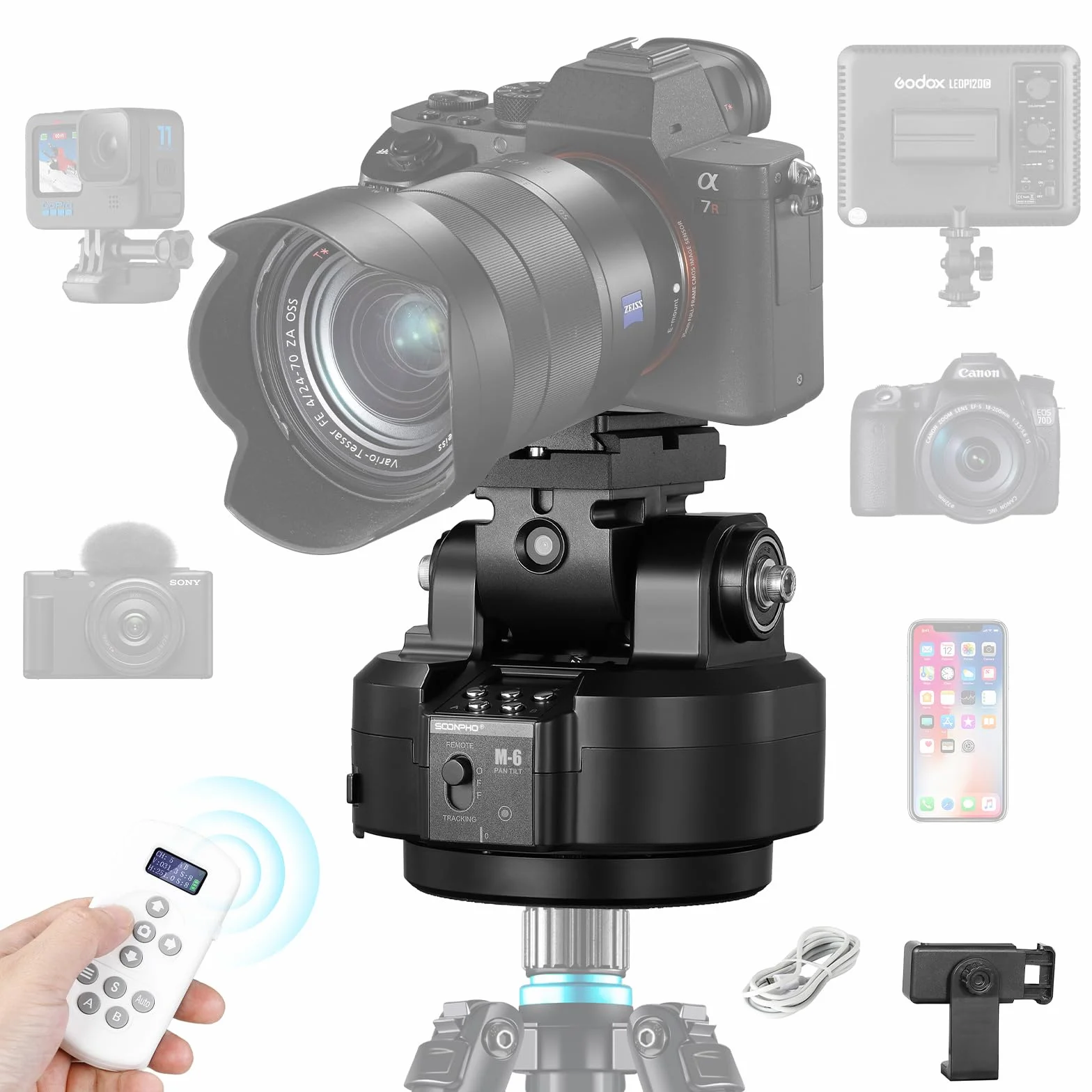 Soonpho M6 Motorisierter 360 Grad Erehbarer Elektrischer Remote Panorama-Stativkopf mit Telefonklemme und Fernbedienung AI Face Tracking Gestenerkennung AB Zwei Punkt Typ für DSLR,Stativ,Mobiltelefon