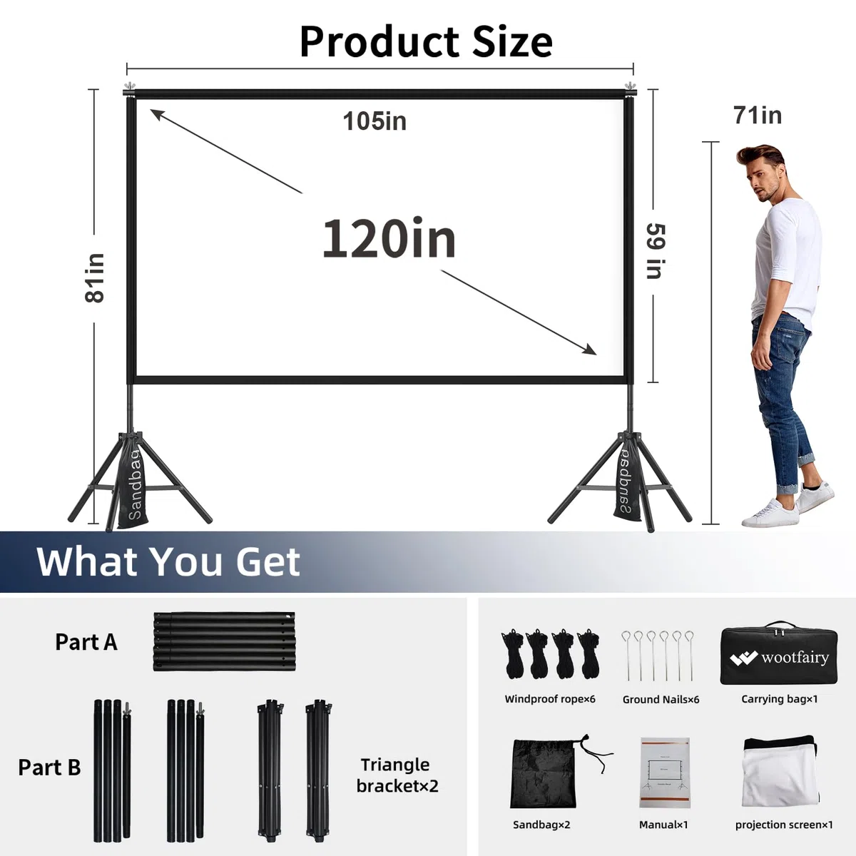wootfairy Projektor-Leinwand mit Ständer, 120 Zoll, tragbar und faltbar, für Innen- und Außenbereich, 16:9, 4K-HD, Rückseite vorne, faltenfrei, Filmleinwand mit Tragetasche für Heimkino, Hinterhofkino
