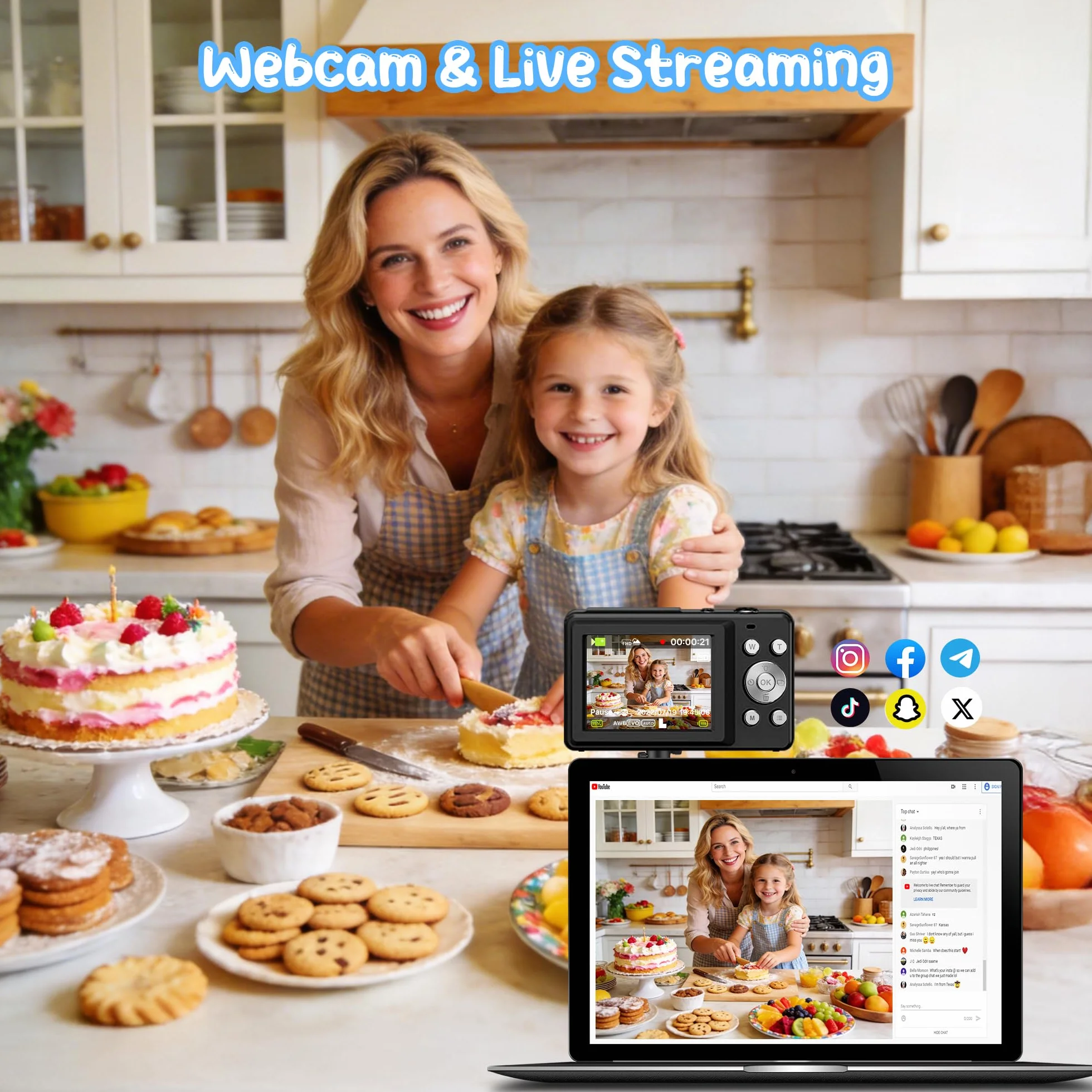 Digitalkamera 1080P 44MP Vlogging Kamera für Kinder, FHD Kompaktkamera mit 2,4" Bildschirm 16X Zoom Anti-Shake Schwarz