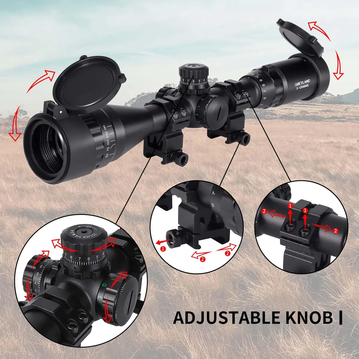Goetland Gewehr Zielfernrohr 3-12x40 AO Airsoft Rot Grün Fadenkreuz mit Montage Ringe SFP für Taktische Jagd Armbrust Luftgewehr Sportschützen