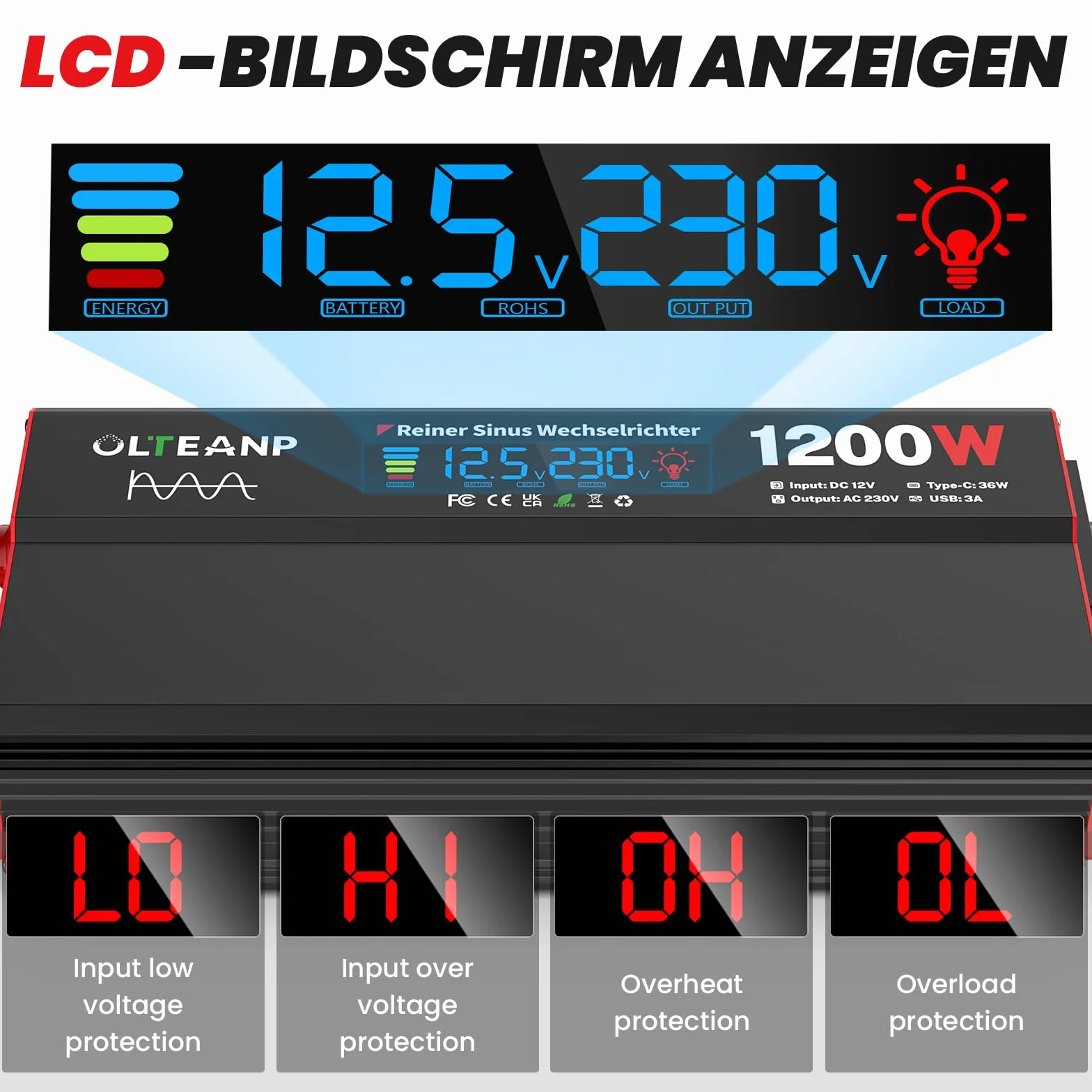 OLTEANP Wechselrichter 12V auf 230V Reiner Sinus,Spannungswandler 1200W Inverter mit LCD-Bildschirmanzeige, AC-Steckdosen, 36W Typ-C-Anschluss, 5V/3A USB-Anschluss für LKW,Zuhause,Fahrzeuge