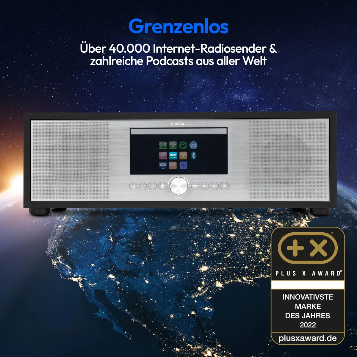 MEDION P66400 Stereoanlage (Internetradio, DAB+, CD/MP3-Player, Spotify Connect, Amazon Music, PLL UKW Radio, USB, AUX, Kompaktanlage, Subwoofer Weckfunktion, Sleep Einschlafautomatik) Silber