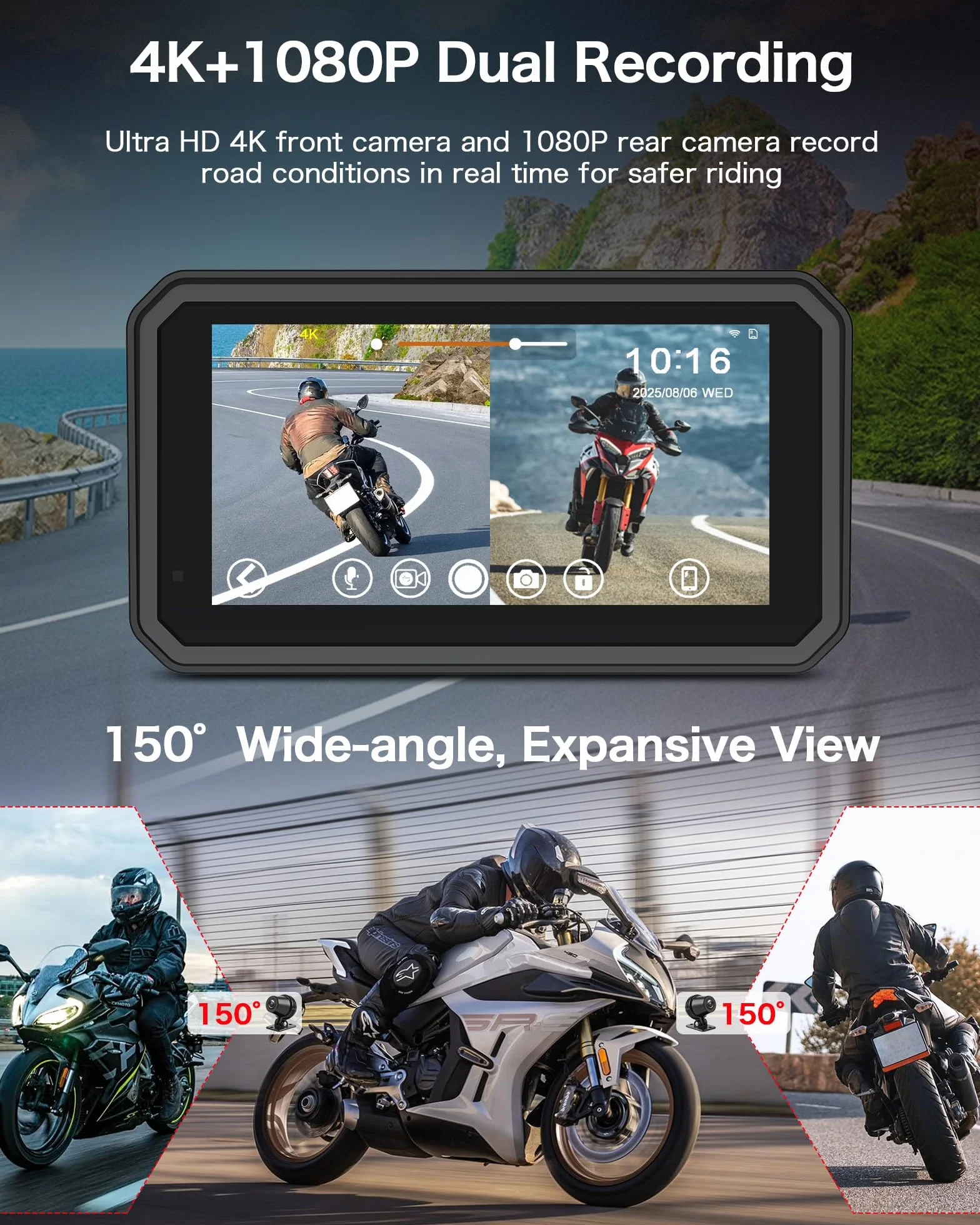 Jansite 4K Motorrad CarPlay Android Auto 6,25 Zoll Motorrad Navi mit Dashcam Vorne Hinten, IP67 Wasserdicht Bildschirm, Dual-Bluetooth,Siri/G-oogle Assistant