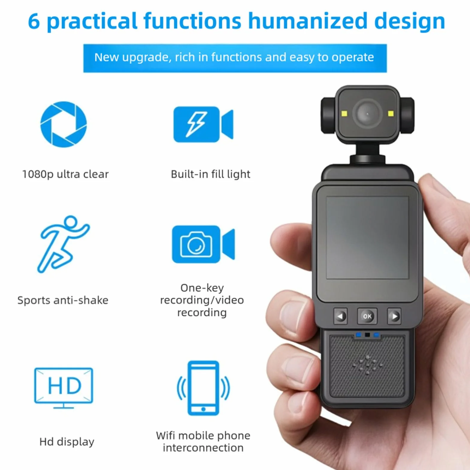 4K-Körperkamera, HD-WLAN, 180 Grad Drehbares Objektiv, Handkamera mit 1,3-Zoll-HD-Bildschirm, LED-Licht, APP für Outdoor-Sportreisen