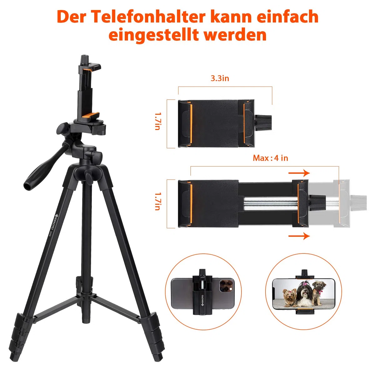 GEEKOTO Handy Stativ Ausziehbar, 54" Stativ für Smartphone mit 360-Grad-Panorama-Drehplattform und 1/4 Universal-Befestigungsschrauben für spiegellose/Gopro/DSLR-Kamera Schwarz