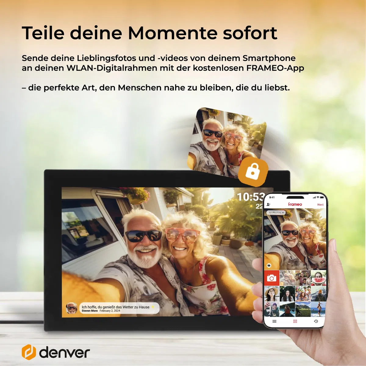 Denver PFF1037 Digitaler Bilderrahmen mit Glasdisplay und WiFi, 10.1 Zoll, Elektronischer Bilderrahmen 16GB mit FRAMEO App, IPS Touchscreen, Auto-Rotate, Micro SD Slot, Schwarz | Bildübertragung per WLAN, vom Handy
