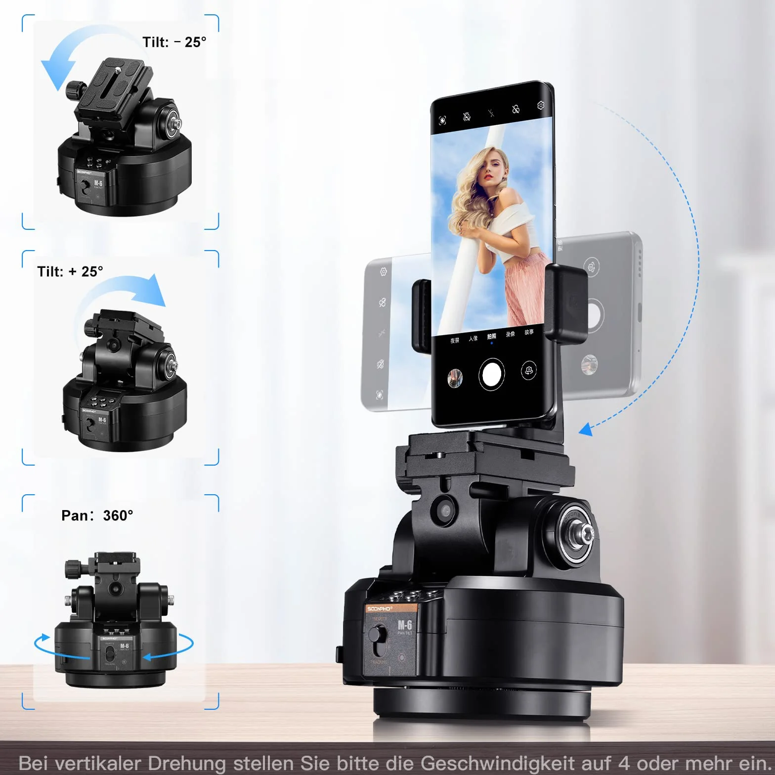 Soonpho M6 Motorisierter 360 Grad Erehbarer Elektrischer Remote Panorama-Stativkopf mit Telefonklemme und Fernbedienung AI Face Tracking Gestenerkennung AB Zwei Punkt Typ für DSLR,Stativ,Mobiltelefon