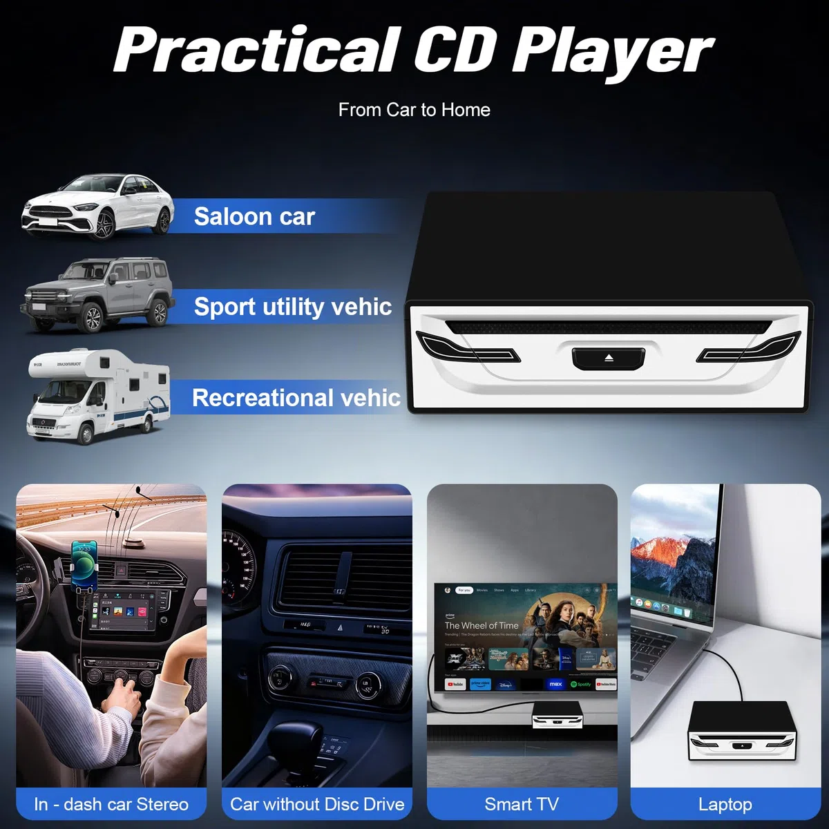 NHOPEEW Externer USB-CD-/DVD-Player für Auto, Laptop und Smart-TV – Plug & Play USB 2.0, Stoßschutz, kompatibel mit Android-Tablets, inklusive USB-Kabel und Halterung