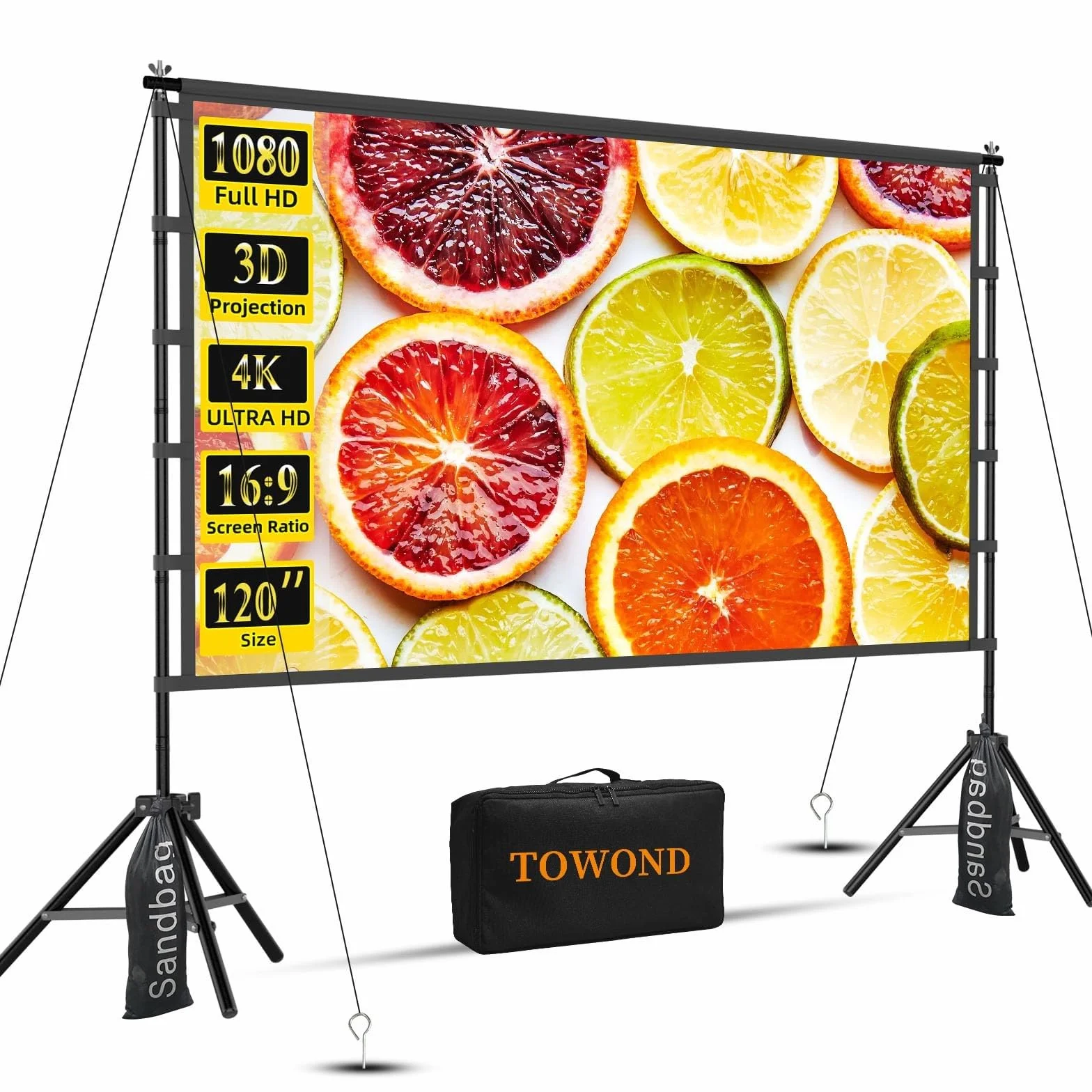 TOWOND 120 Zoll Projektorleinwand mit Ständer, Faltbare Tragbare 16:9 HD Outdoor Projektor Leinwand für Heimkino und Garten, Vorne und Rückprojektion, Waschbar Faltenfrei Polyester mit Tragetasche