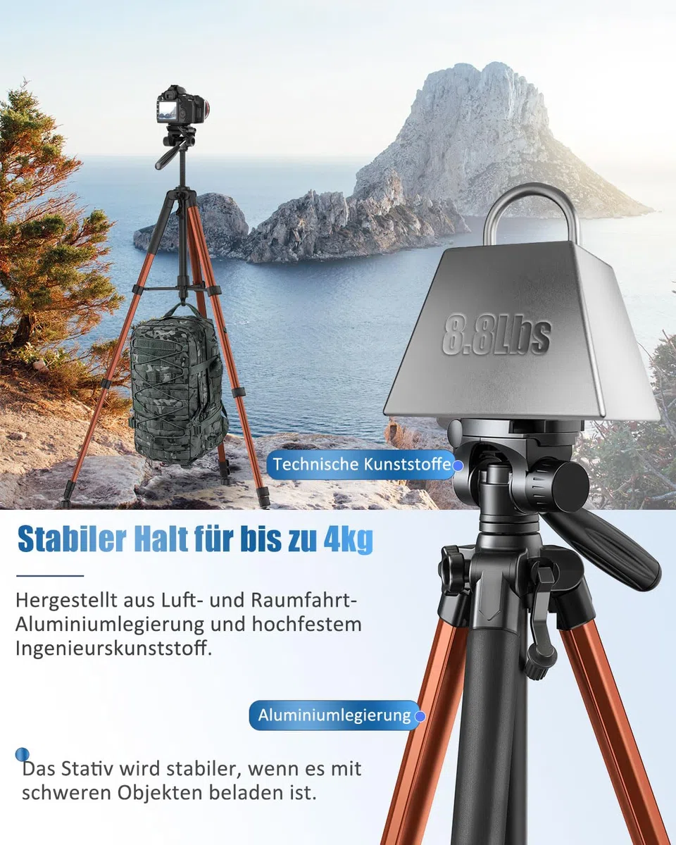 POLAM-FOTO Kamera stativ, 188 cm, Reisestativ mit Tragetasche, mit Handyhalterung, Aluminium, für Mirrorless Camera/DSLR/Handy/Camcorder, robuster Ständer,（Gewicht 1,27 kg, Tragkraft 3,99 kg） Orange