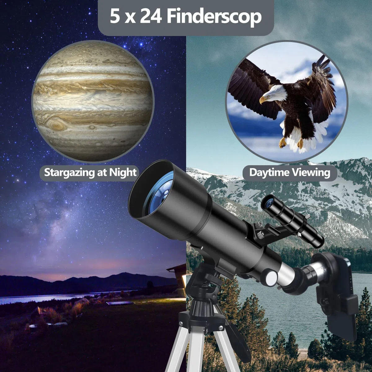 Teleskop 70mm Aperture 400mm Refraktor für Anfänger & Kinder, Tragbares Stativ, Astronomie Erwachsene Fernrohr (Schwarz)