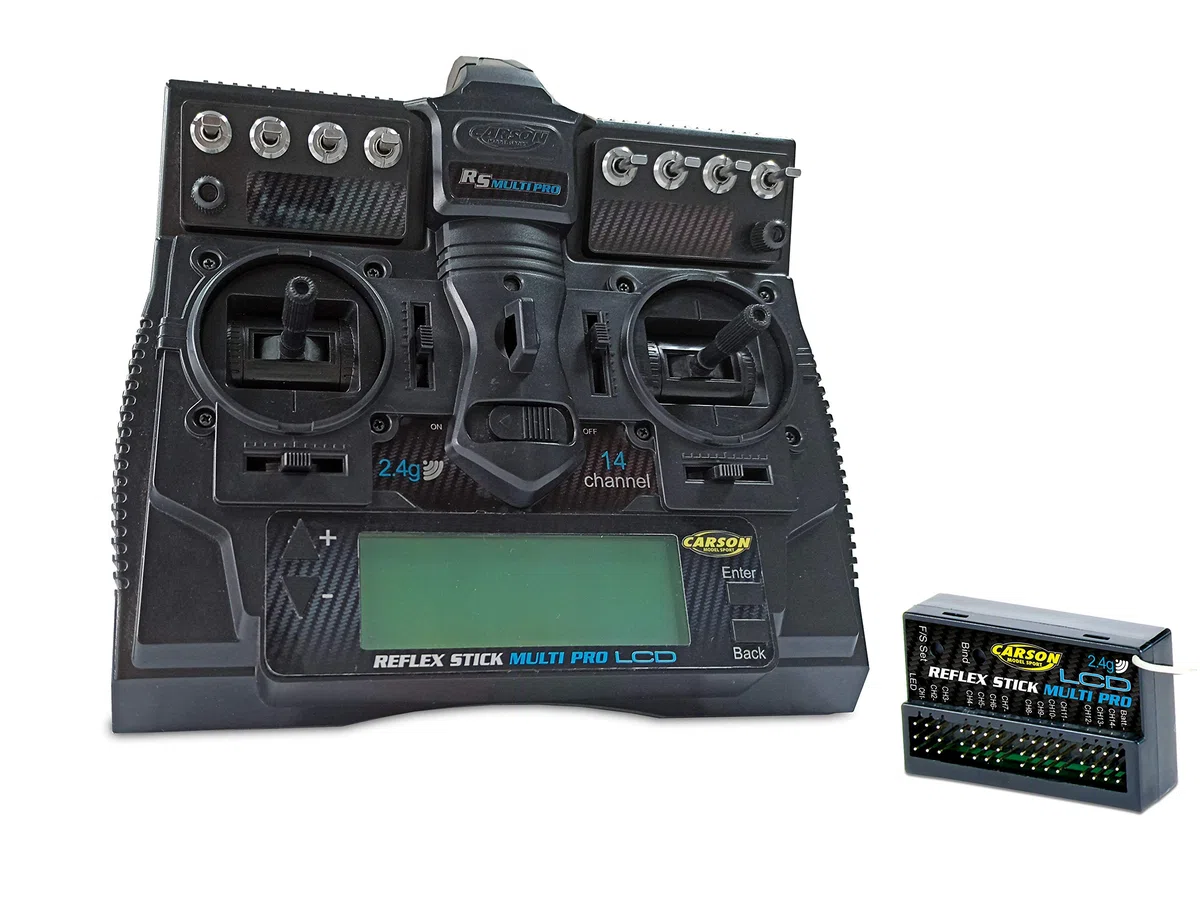 Carson FS Reflex Stick Multi PRO LCD 2.4 GHz 14-Kanal-Fernsteueranlage Fernbedienung mit Empfänger für RC Autos und Schiffe